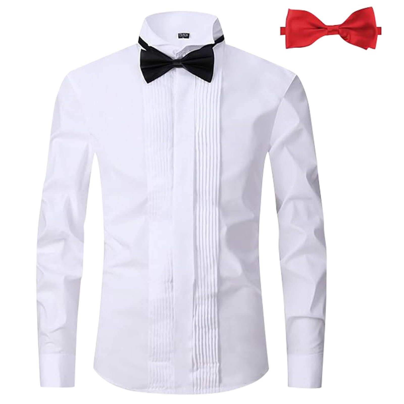 Chemise de smoking pour homme - Col rabattu - Chemise boutonnée - Plis avant - Manches françaises avec 2 nœuds papillon - Couleur unie