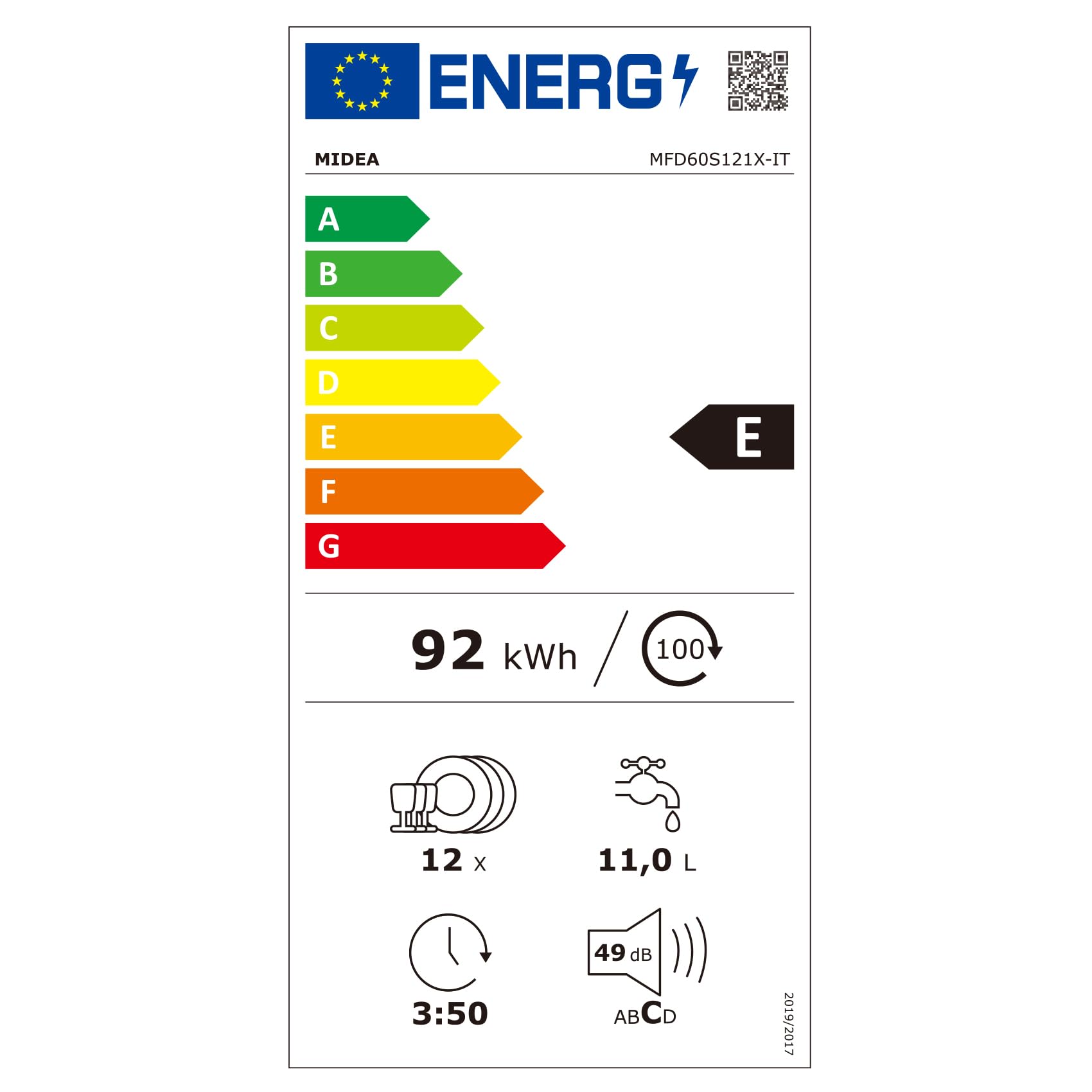 Midea MFD60S121X-IT Lavastoviglie Libera Installazione con 12 coperti, 6 Programmi, Partenza Ritardata, Funzione di Mezzo Carico, 60 cm - Inox