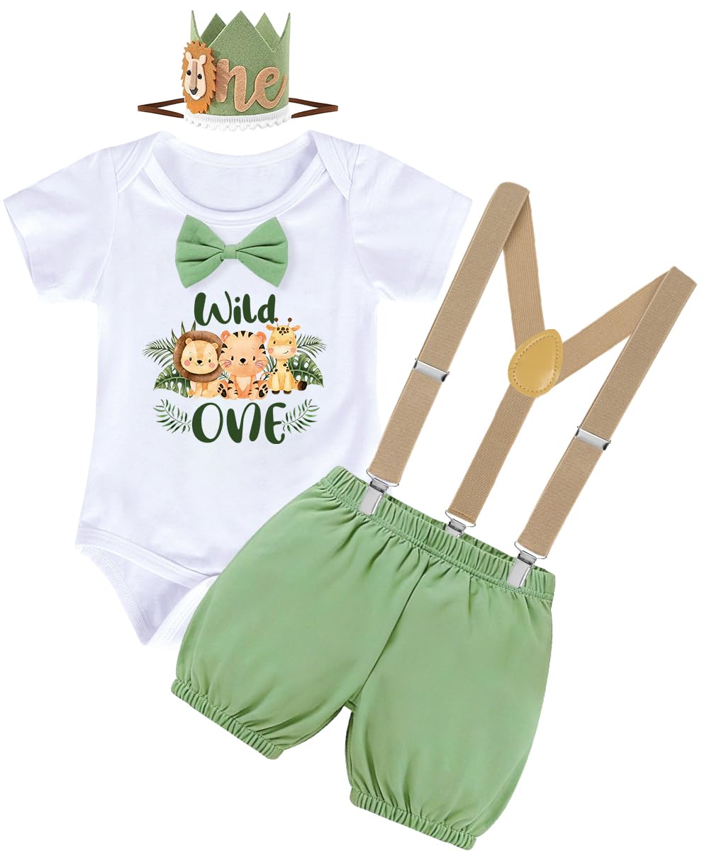 Vestiti Compleanno 1 Anno Bambino, Safari Vestito per Il Primo Compleanno Set con Pagliaccetto, Pantaloncini, Bretelle, Corona Fascia, Wild One Compleanno Outfit per Baby