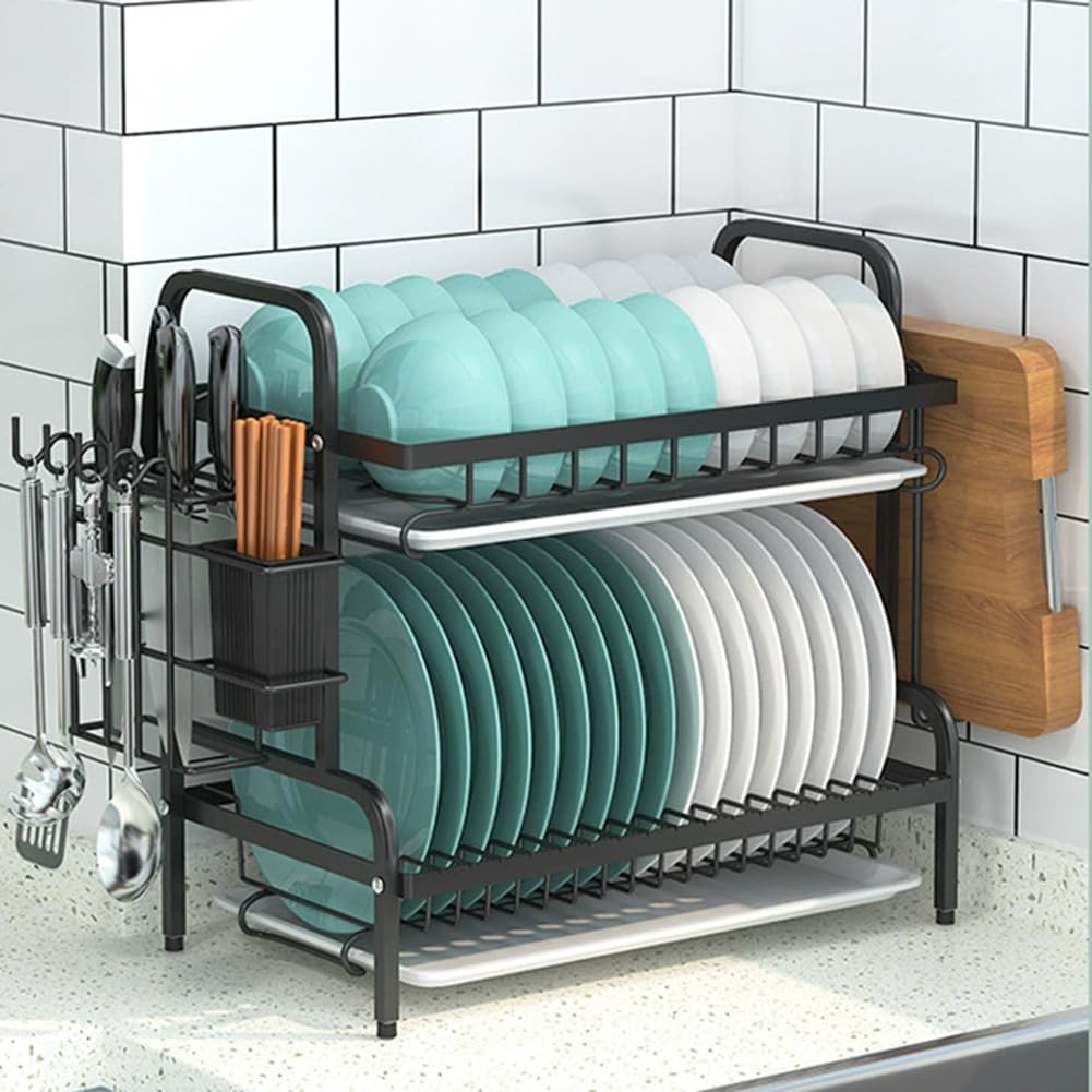 TIANQIHAO 2 Tier Stainless Steel Dish Drying Rack, Large Capacity Kitchen Counter Utensil Holder With Drainboard,Black-43x23.5x39cm