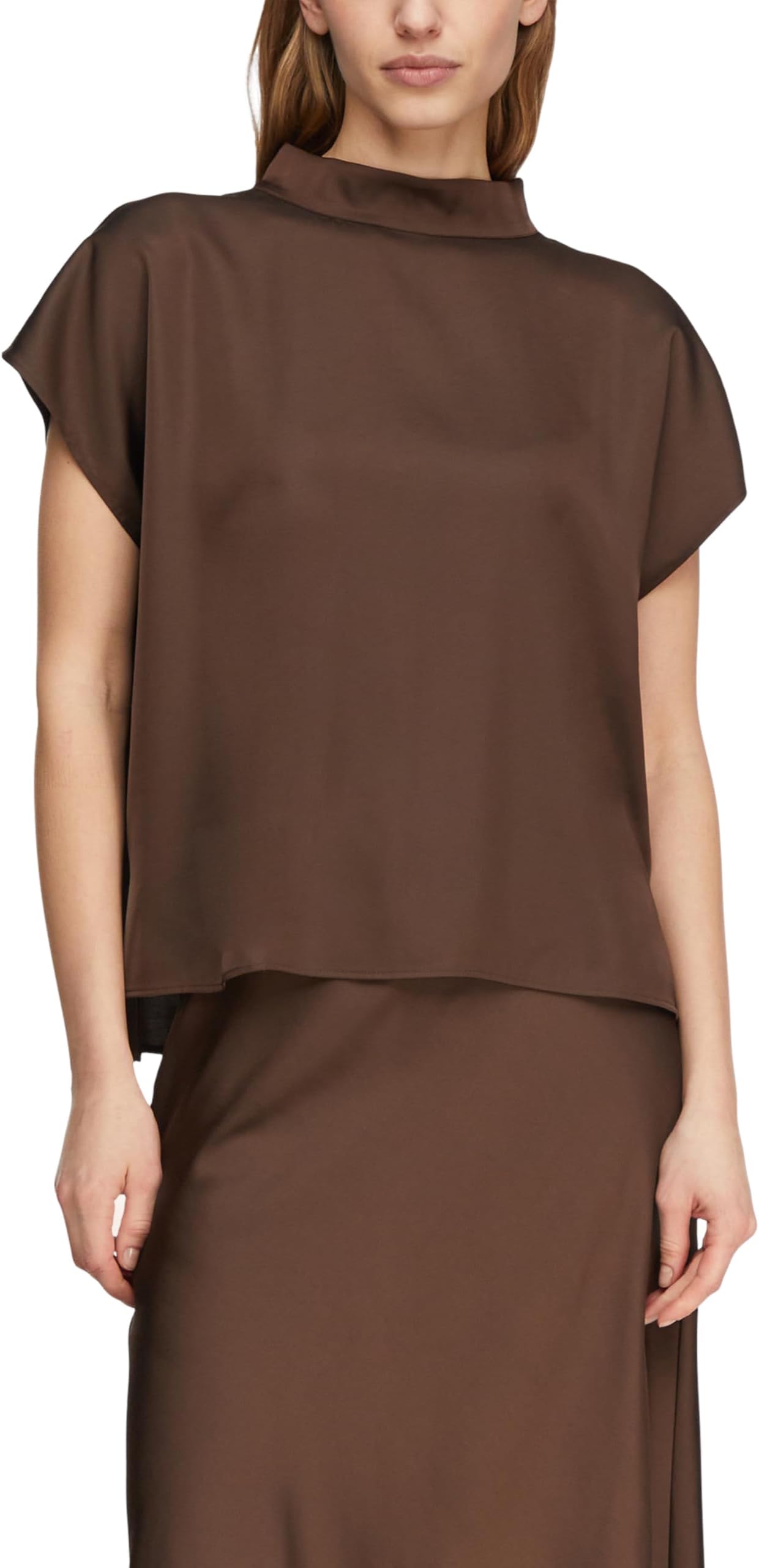 Women Schweres Satin-top mit Cap-sleeves und Stehkragen Blouse short sleeve