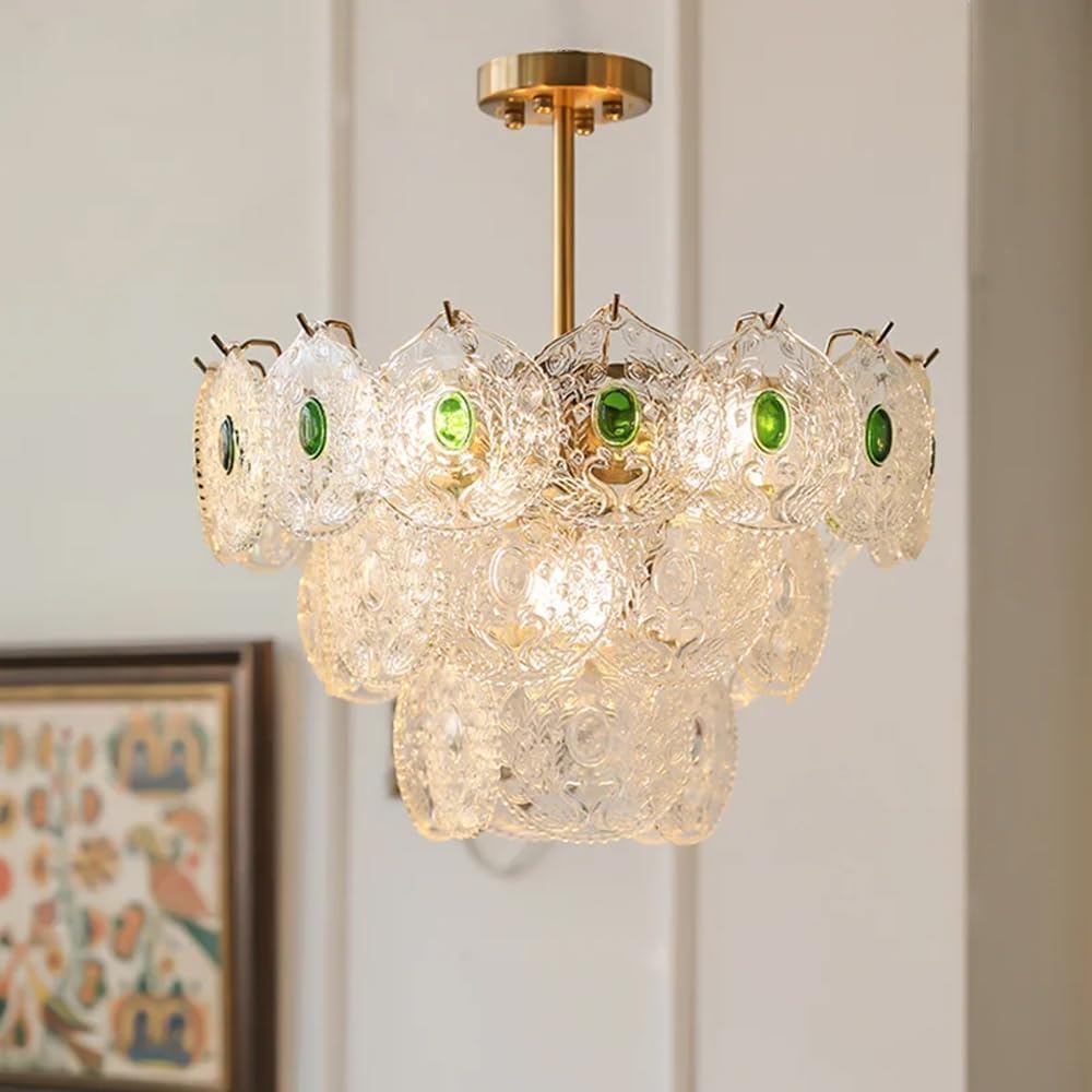 Lustre rond en verre vert avec suspension dorée au style nordique moderne