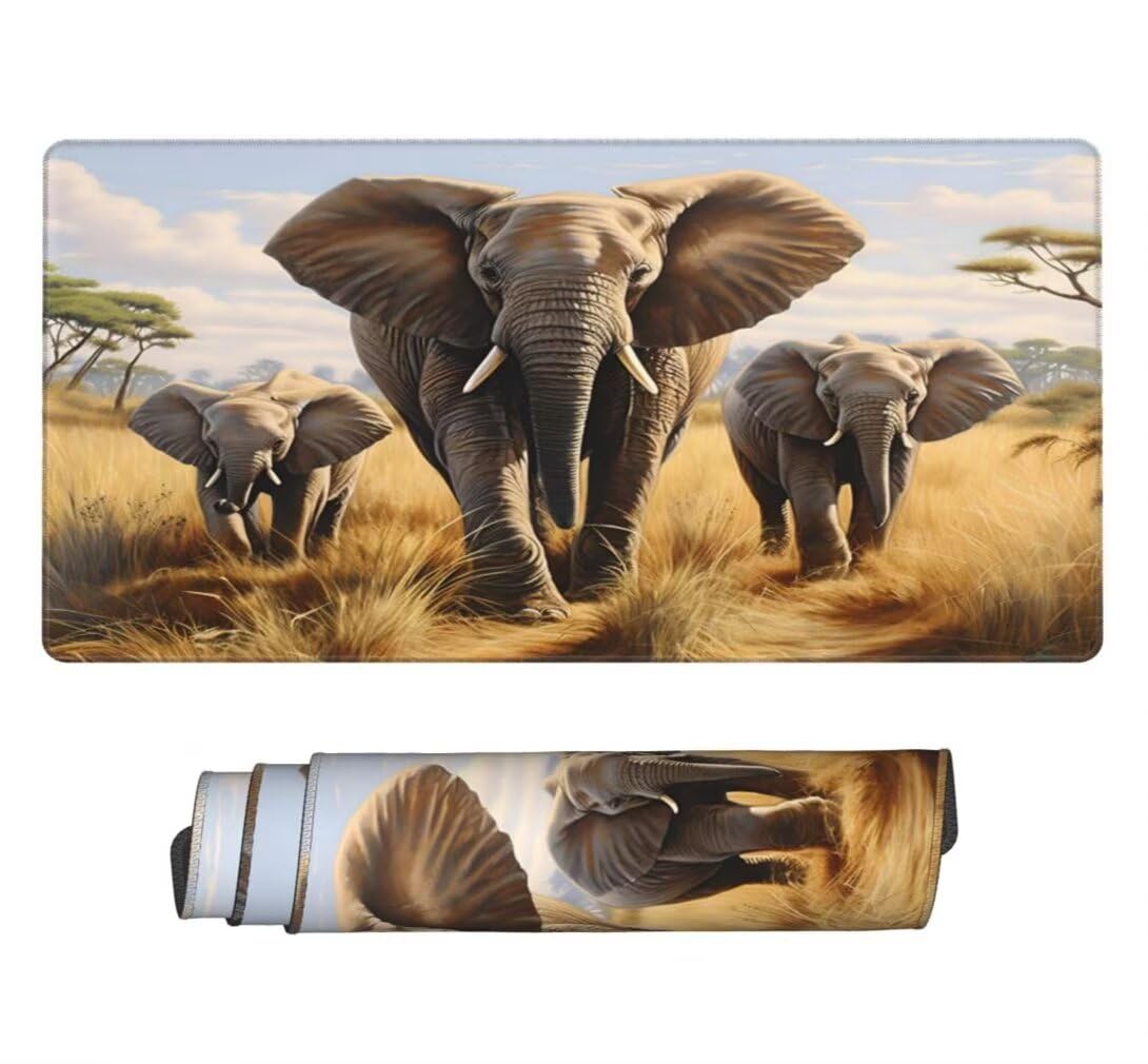Tappetino Mouse XXL 1000x500mm Elefante Grande Mouse Pad, Tappetino Scrivania Grande Mousepad Gaming con Bordi Cuciti, Tappeto Scrivania con Base Antiscivolo per Ufficio e Casa (Prateria) -MP1554