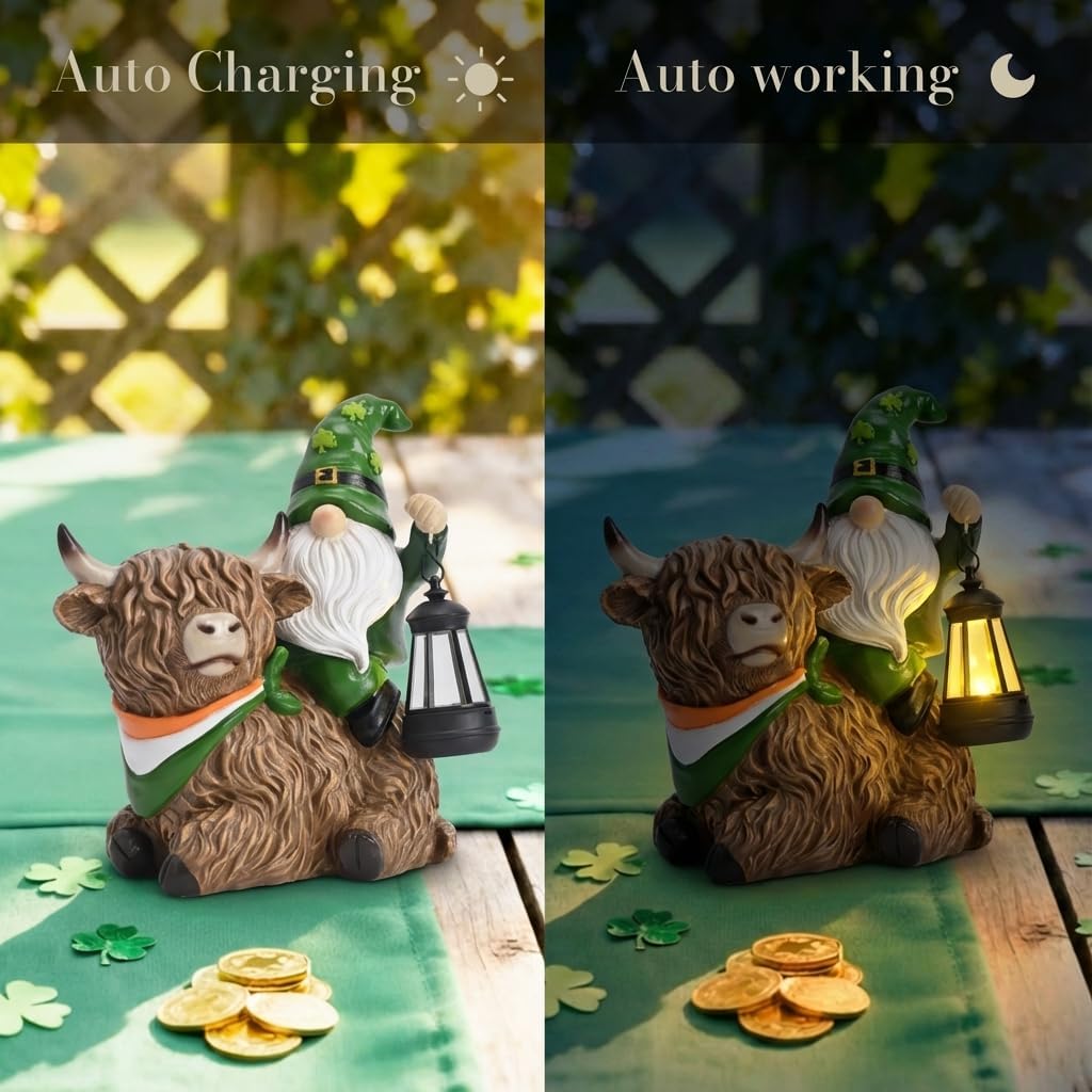 TERESA'S COLLECTIONS St Patricks Decorations for Outdoor Decor,Gnomes Resin Riding Highland Cow and Holding Lantern with Solar Lights for Outside,Shamrock Leprechaun Figurine, Irish Gifts,8.7" - Image 7