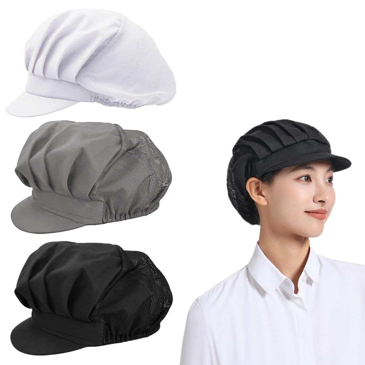 RuiChy 3 Pcs Chef Hats, Elastic Adjustable Kitchen Cooking Cap with Brim, Half Mesh Half Cloth Breathable Catering Hats Unisex Hair Cover for Restaurant Waiters Industrial Workers Cleaners Bakers