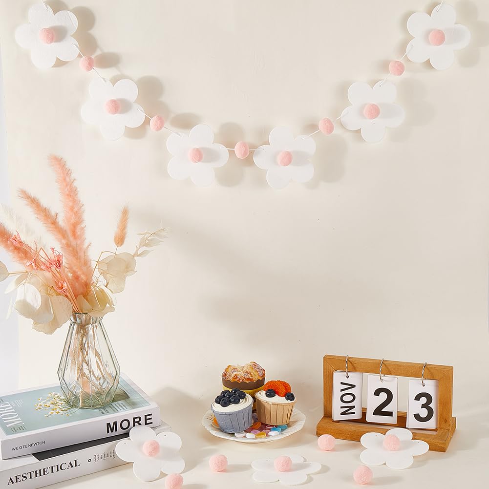 CRASPIRE White Flower Felt Garland 3D Back to School Banner Pink Pom Ball Hanging Bunting Needle Pre Punched Welcome First Day Classroom Decor Reusable Home Wall Party Teacher Office Decoration 3Pcs - Image 4