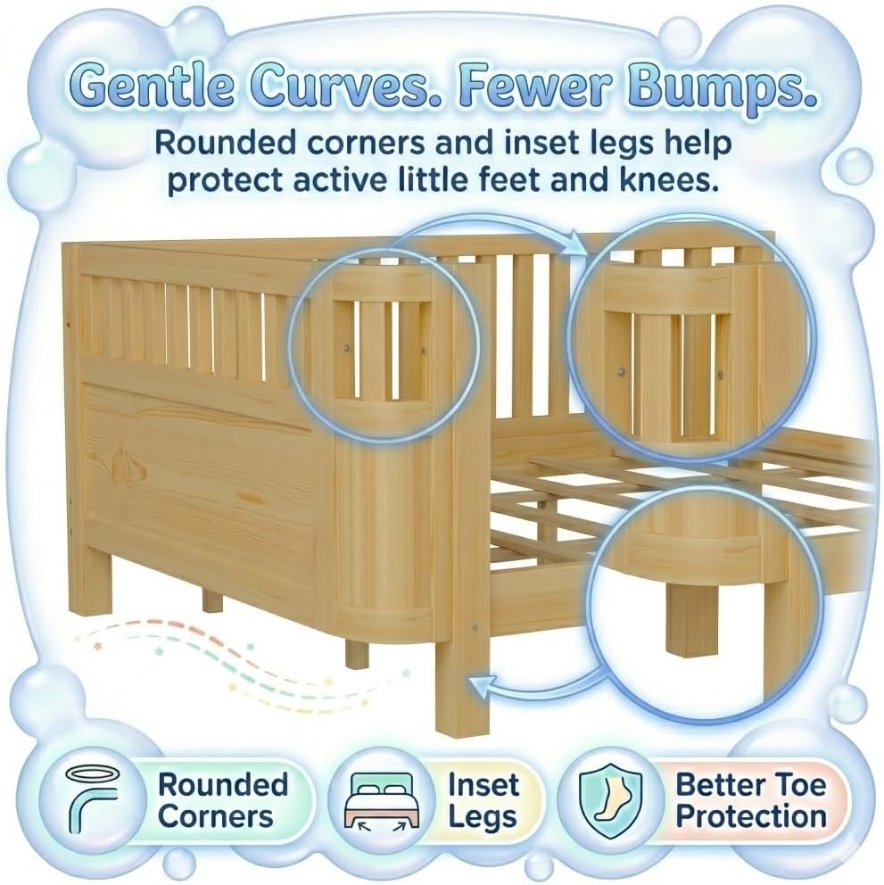 Queen Bed Frame for Kids with Rails, Low Profile Montessori Queen Bed with Detachable Side Rail, Solid Pine Wood Kids Daybed with Headboard, Footboard & Slat Support for Boys Girls, Natural