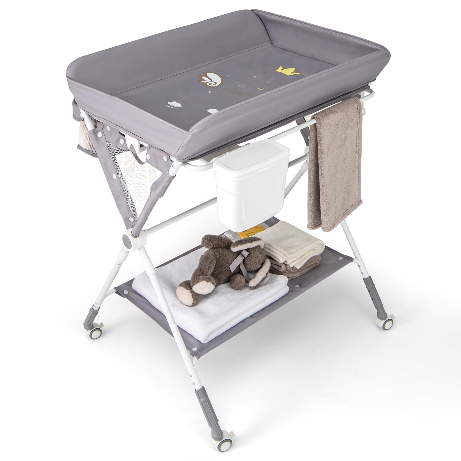 RELAX4LIFE Cambiador de Bebé Plegable con 4 Ruedas Giratorias con Frenos, 3 Alturas Ajustables, Cestas de Almacenamiento y Cinturón de Seguridad, Cambiador Bebe Mueble para Bebé 0-12 Meses (Gris)