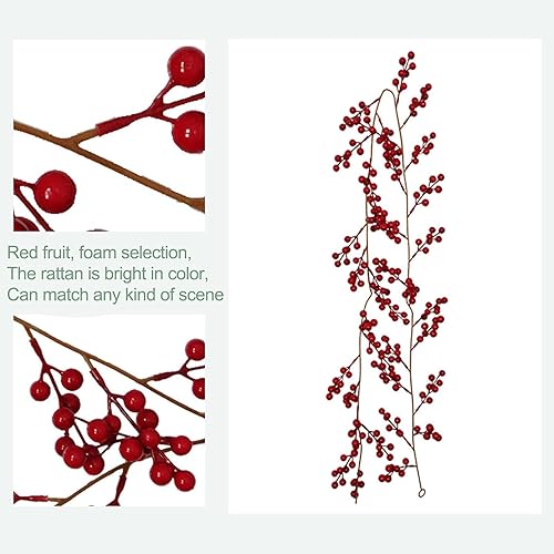 Miniatura 5 de 2 guirnaldas de bayas rojas artificiales de 5.7 pies, decoraciones de Navidad, bayas de acebo, vid para Navidad, invierno, vacaciones, chimenea,
