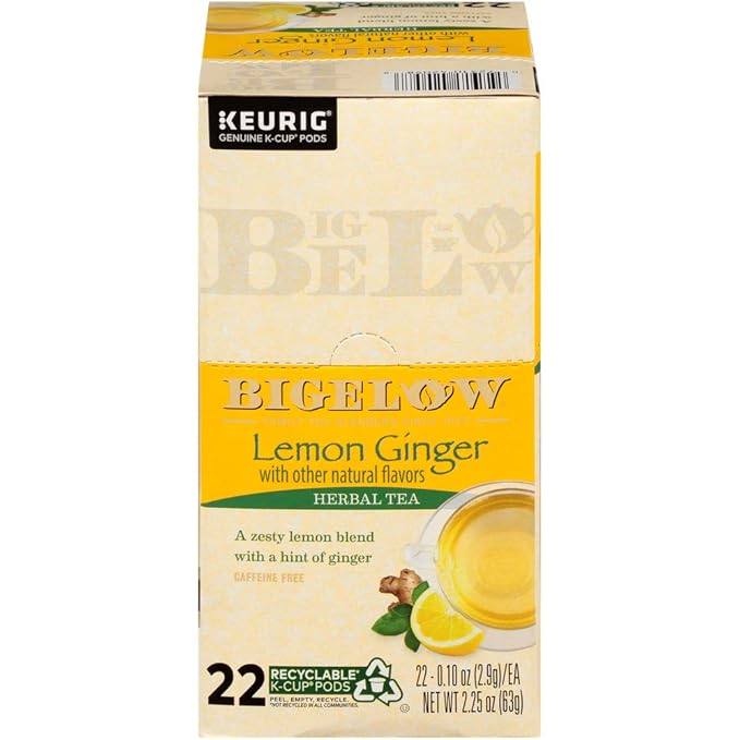 Bigelow Lemon Ginger Herbal Tea Keurig KCups, 22 Count