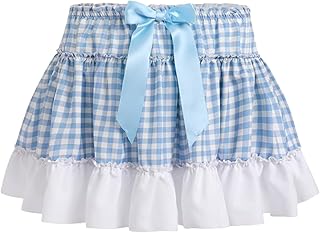Women Men Gingham Pleated Mini Skirts Ruffle Lace A Line Layered Short S...