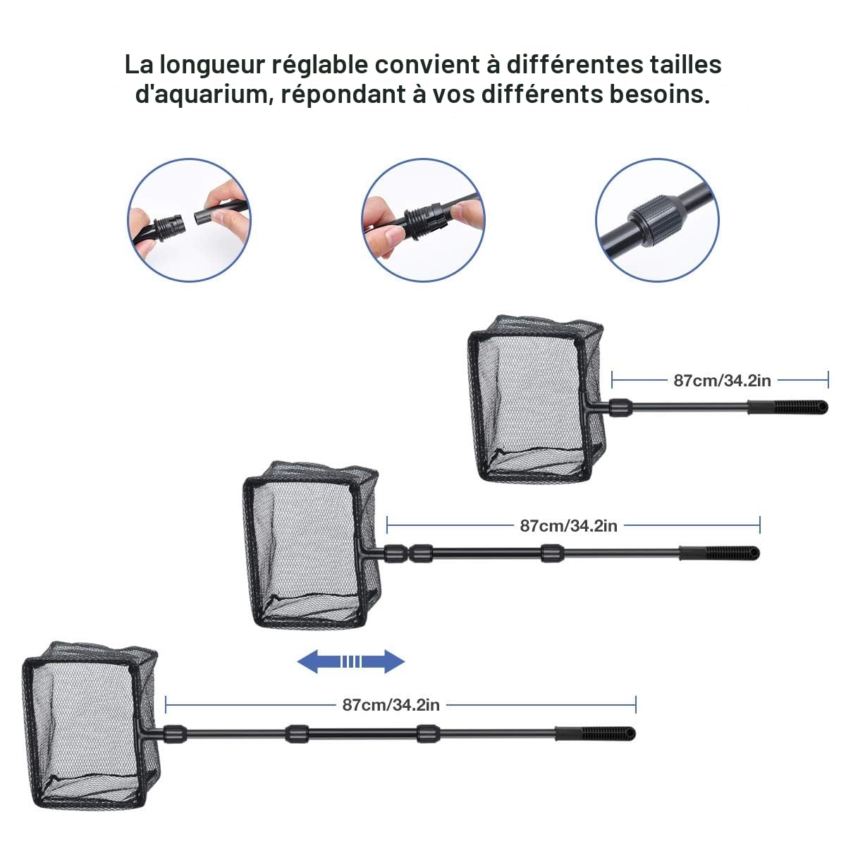 Kit de nettoyage d'aquarium 6 en 1 avec filet à poissons, épuisette, râteau à gravier, pince à plantes, raclette, éponge et connecteur