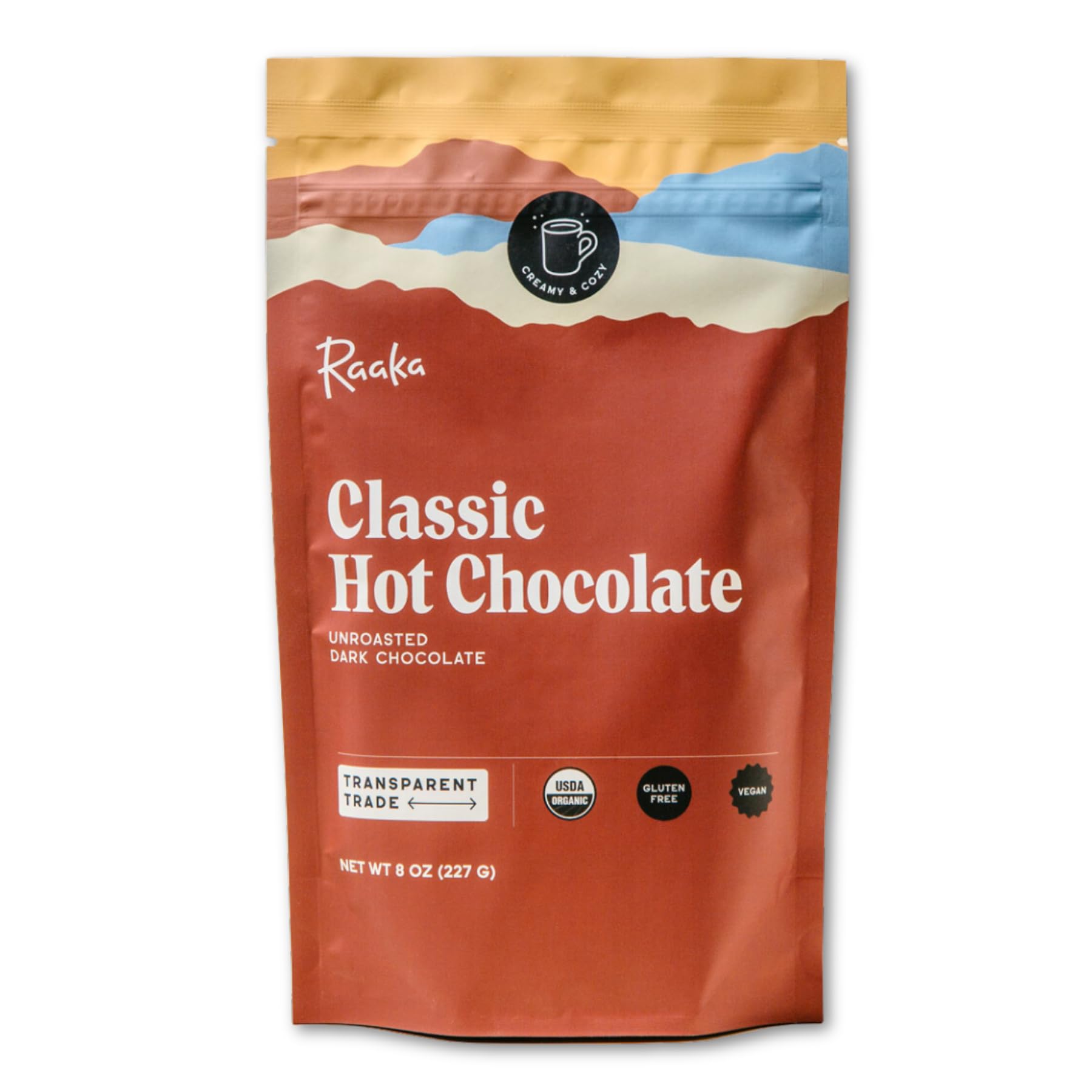 RaakaPremium Hot Chocolate Mix - Vegan, Organic, Gluten and Dairy Free - Lightly Sweetened Gourmet Hot Cocoa with Ethically Sourced Cacao - 8oz Bag Makes 9 ServingsUSDA Organic