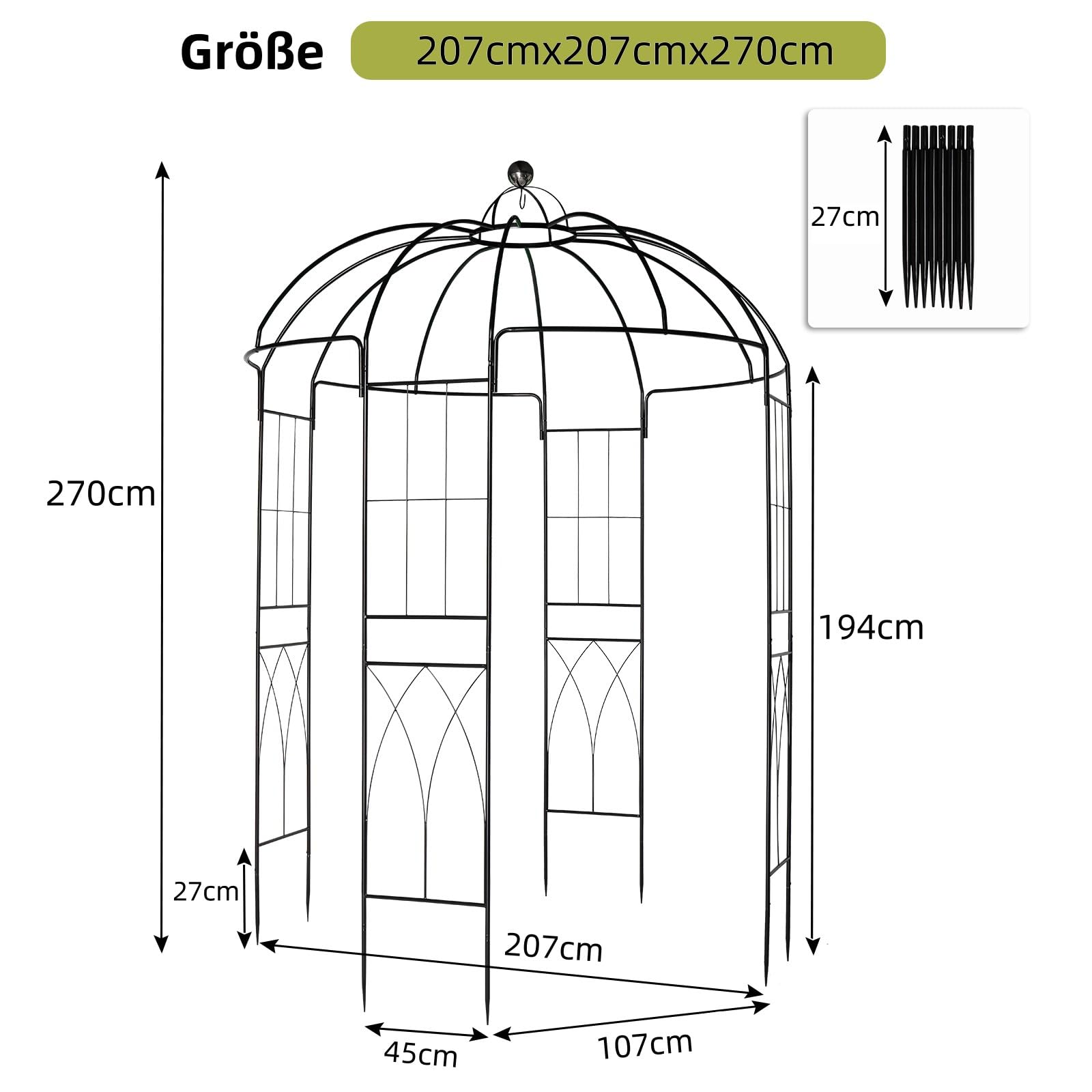 LEADZM Rosenbogen aus Metall stabil – 270 x 207 x 207 cm – Rankhilfe für Kletterpflanzen, Terrassen & Patios – Rostfrei & Wetterfest – Schwarz