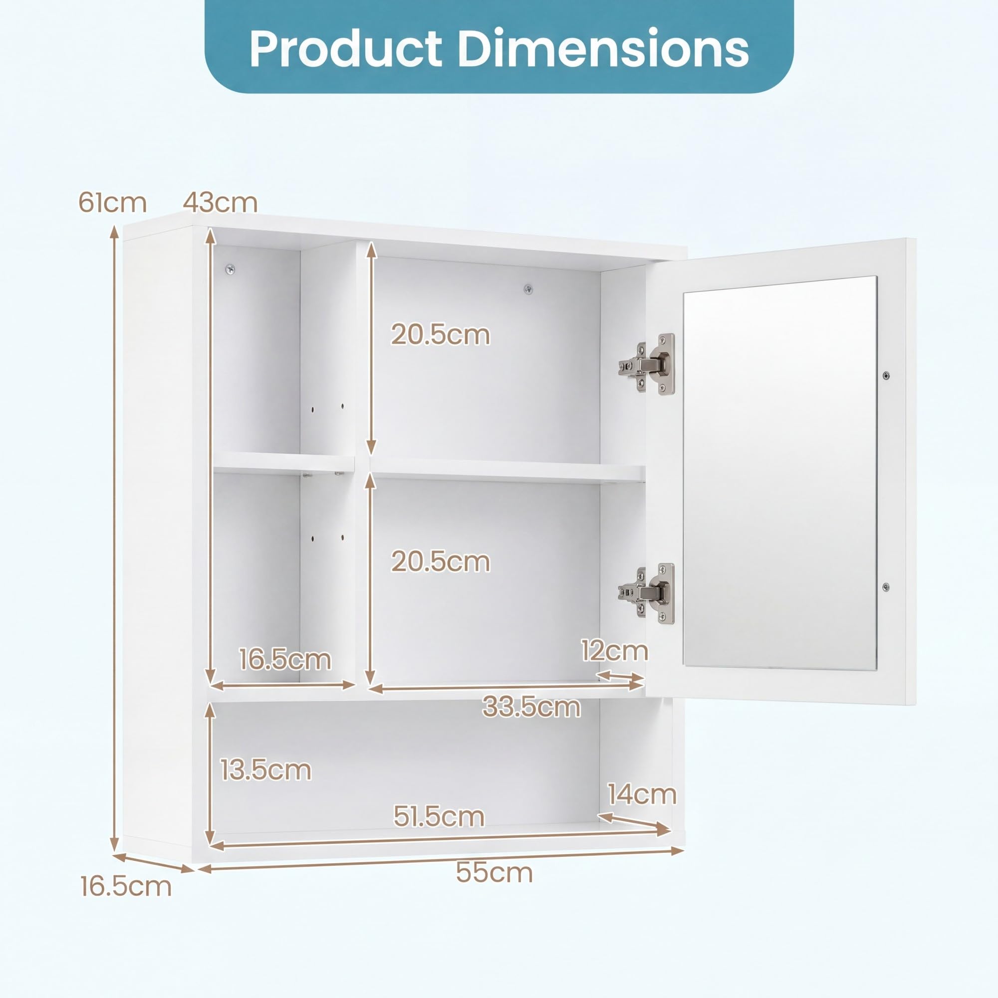 LIFEZEAL Armadietto da Parete per Bagno con Specchio, Mobile per Bagno con Mensola Regolabile e Rimovibile, Scomparto Aperto, Porta a Specchio, per Soggiorno, Ingresso, 55 x 16 x 61 cm (Bianco)
