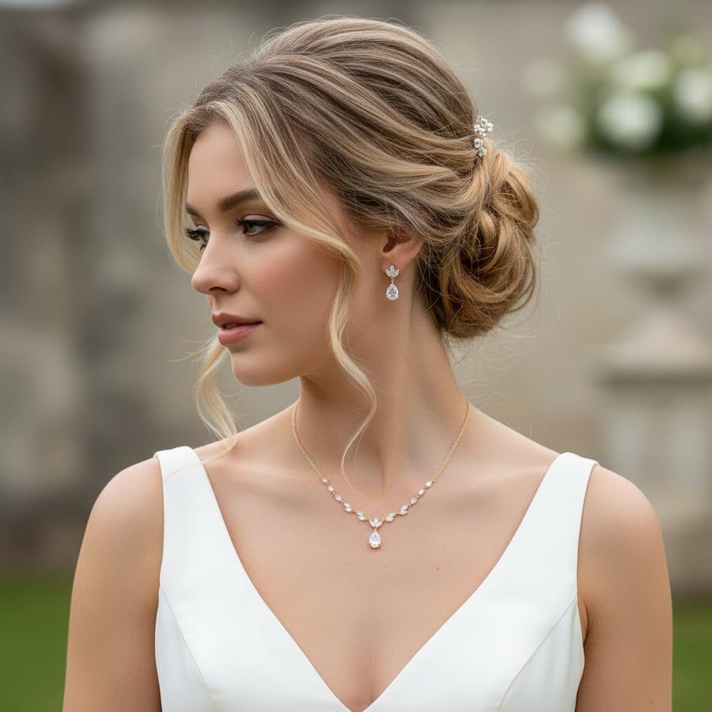 Brautschmuck Set Gold – Halskette 43–50 cm & Ohrringe mit AAA+ Zirkonia – Eleganter Hochzeitsschmuck Damen Tropfen Design