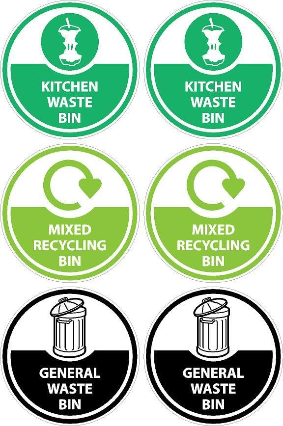 Set of Recycling bin stickers, 2 x general waste, 2 x mixed recycling and 2 x kitchen waste, pack of 6, 100x100mm on A4 sheet