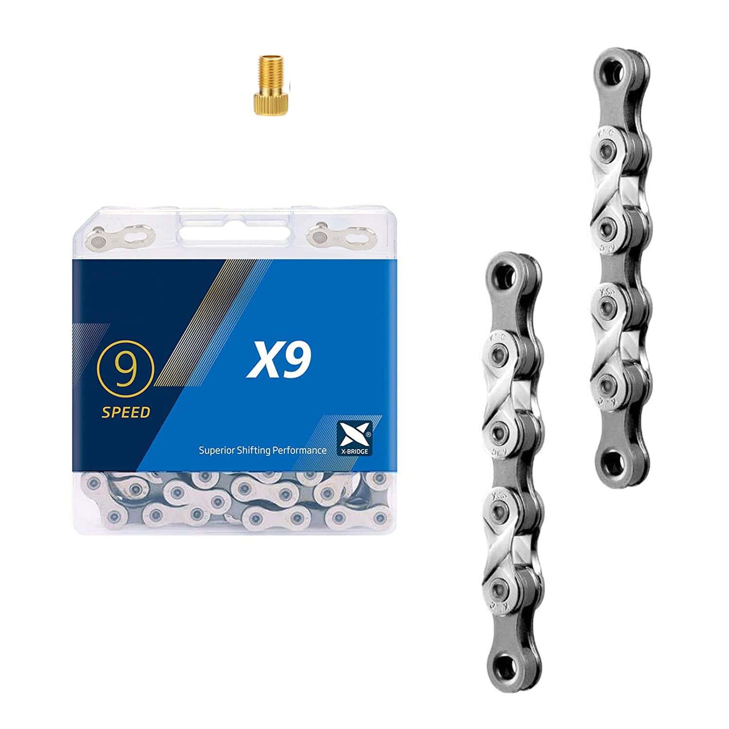 Schrodinger15 70040(+A) Compatible with KNC 9S 9 Speed Steel Bicycle Cycle Chain 116 Links Road MTB + 1 Pc. Presta to Schrader Adaptor