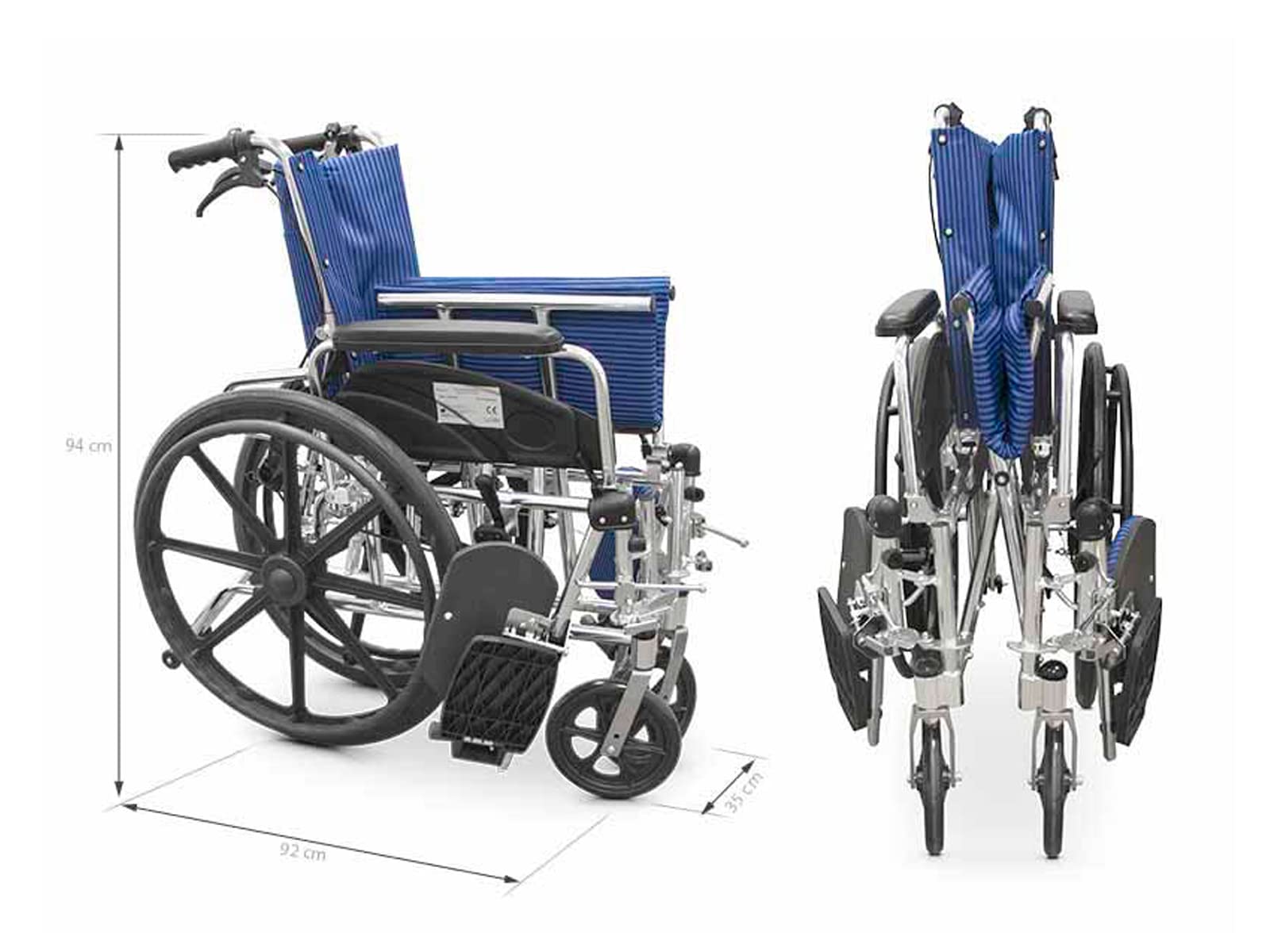 QUIRUMED Silla de ruedas de aluminio con reposacabezas y reposapiés elevable, Plegable, Ligera, Para minusválidos, Para personas mayores, Color azul, Cabezal extraíble, Antivuelco