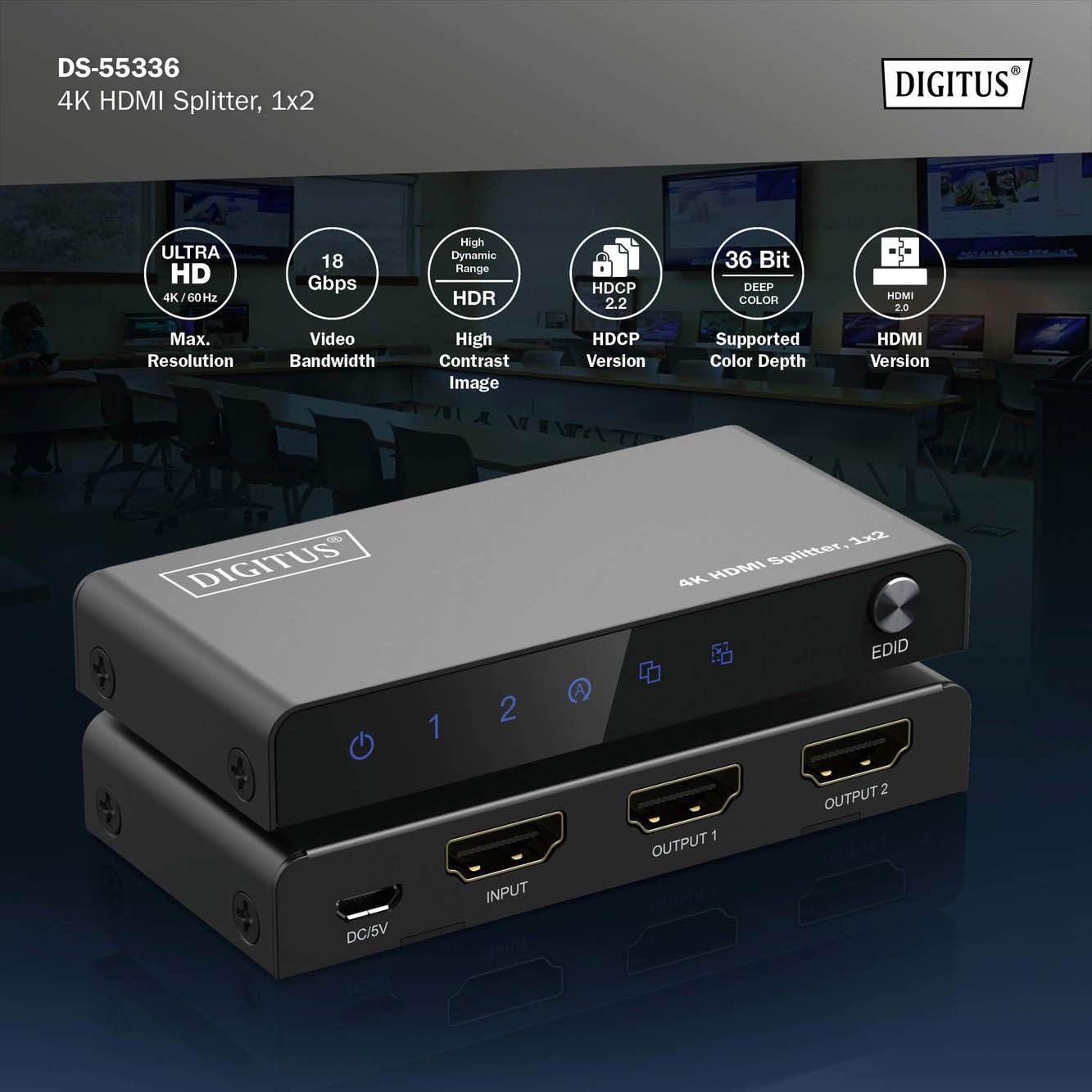 DIGITUS Divisor HDMI 1x2 – 1 Entrada, 2 Salidas – UHD 4K 60 Hz | HDMI 2.0 y HDCP 2.2 – HDR, Deep Color, conmutador EDID, DTS, Dolby Digital, LPCM