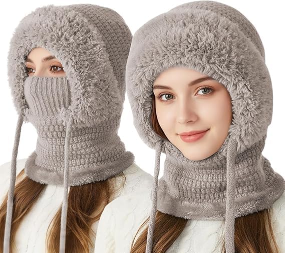 3 in 1 Beanie Hat with Scarf and Mask, Women's Outdoors Windproof Scarf Hat Winter Balaclava for Women, Warm Knitted Face Mask Hat (Grey)