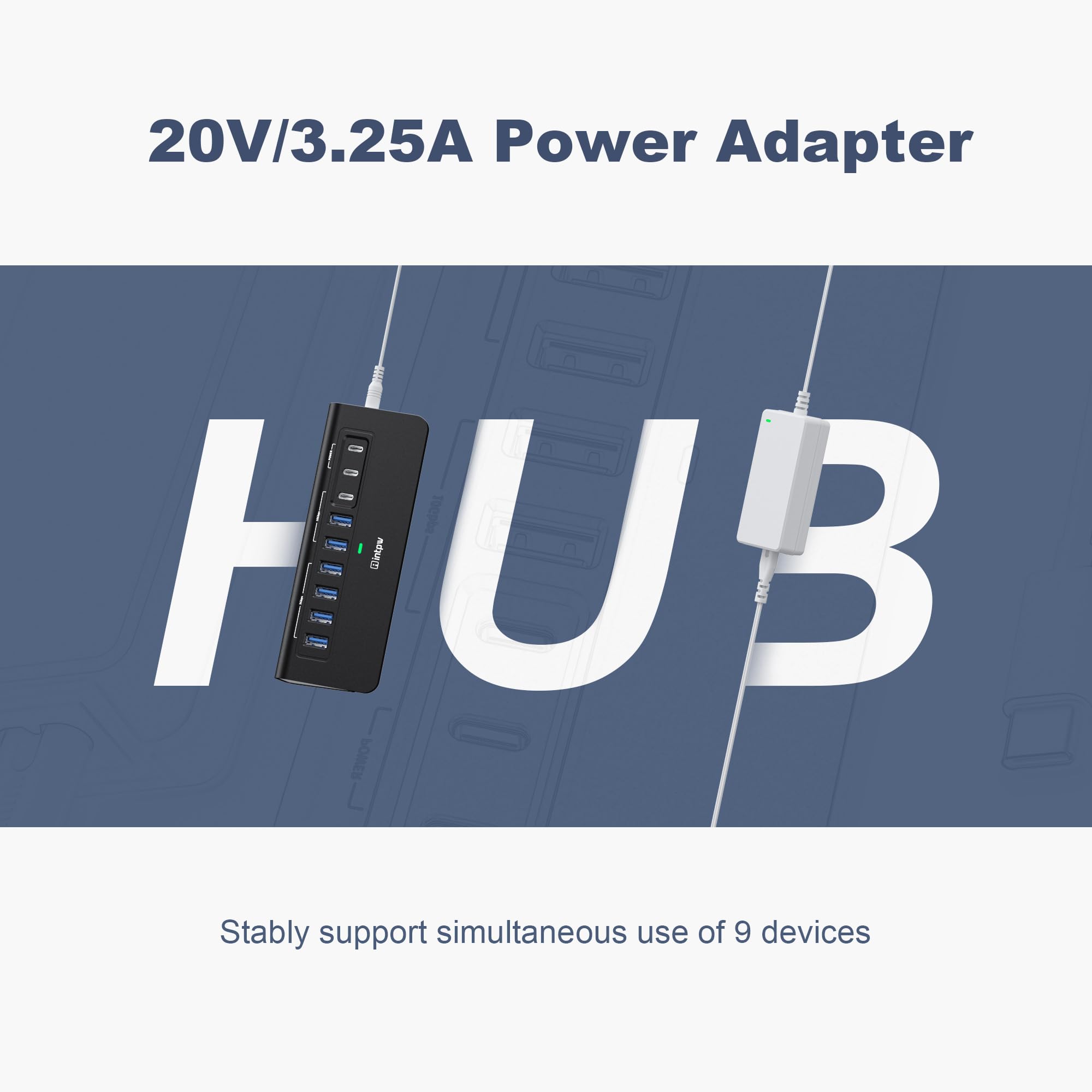 intpw Hub USB alimentato da 10 Gbps, hub USB 3.2 a 9 porte, hub USB C con 3 USB 3.2, 4 USB 3.0, 2 porte di ricarica PD da 45 W, cavo da 3,3 m e adattatore di alimentazione da 65 W, hub USB in