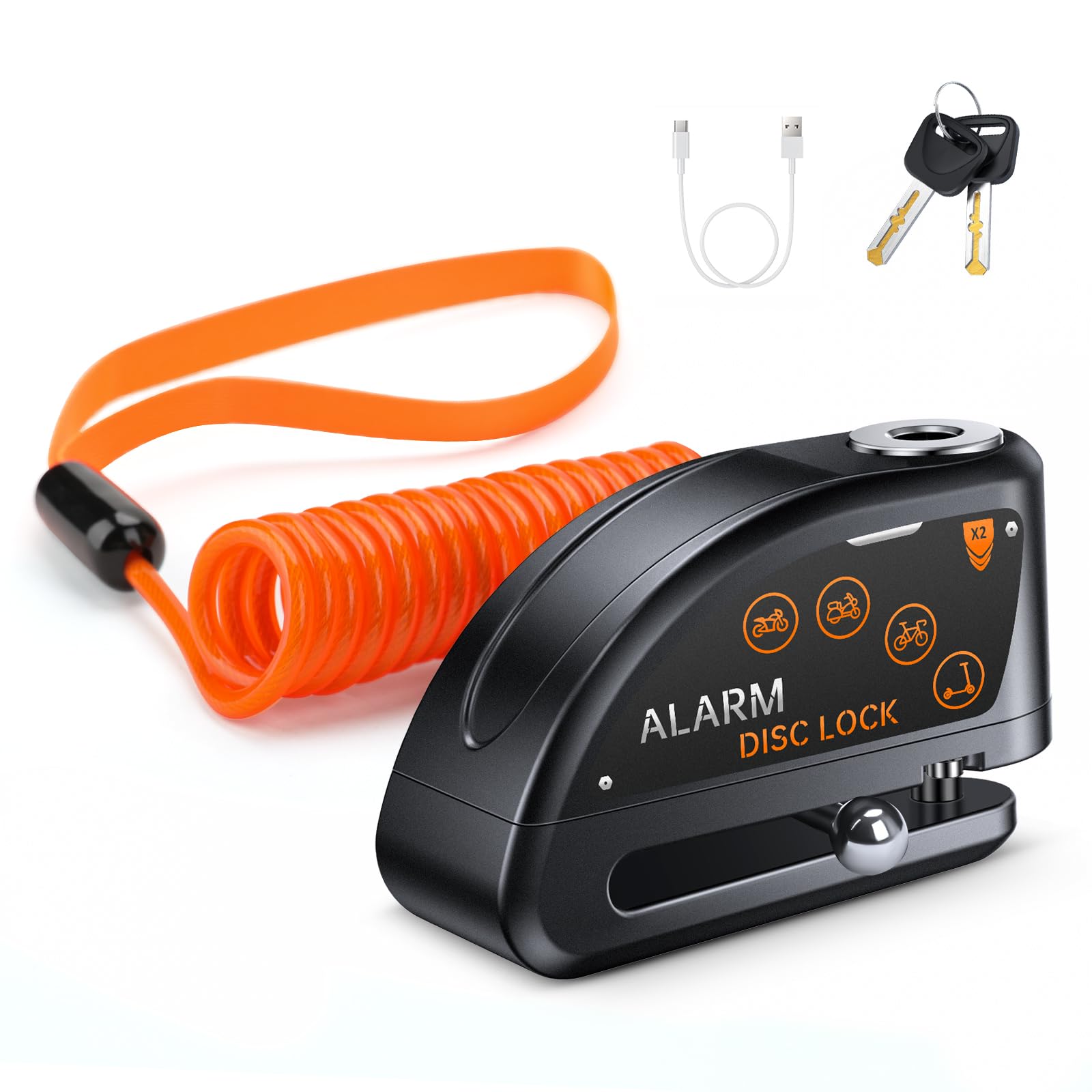 Motorcycle Disc Lock with Alarm, Electric Scooter Lock Heavy Duty Anti-Theft with 120dB Alarm, 5FT Reminder Cable for Helmet Anti-Theft, Rechargeable (Black)