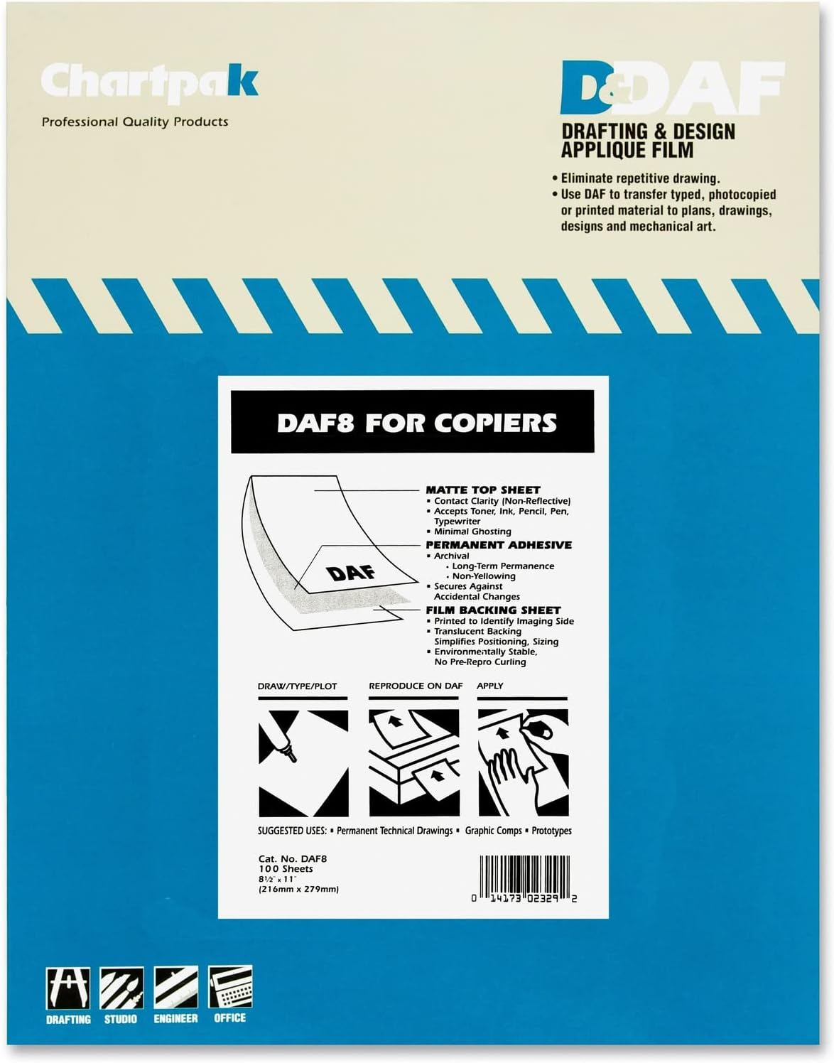 Chartpak DAF8 Self-adhesive drafting applique film for copiers, 8-1/2x11, 100 matte sheets/box