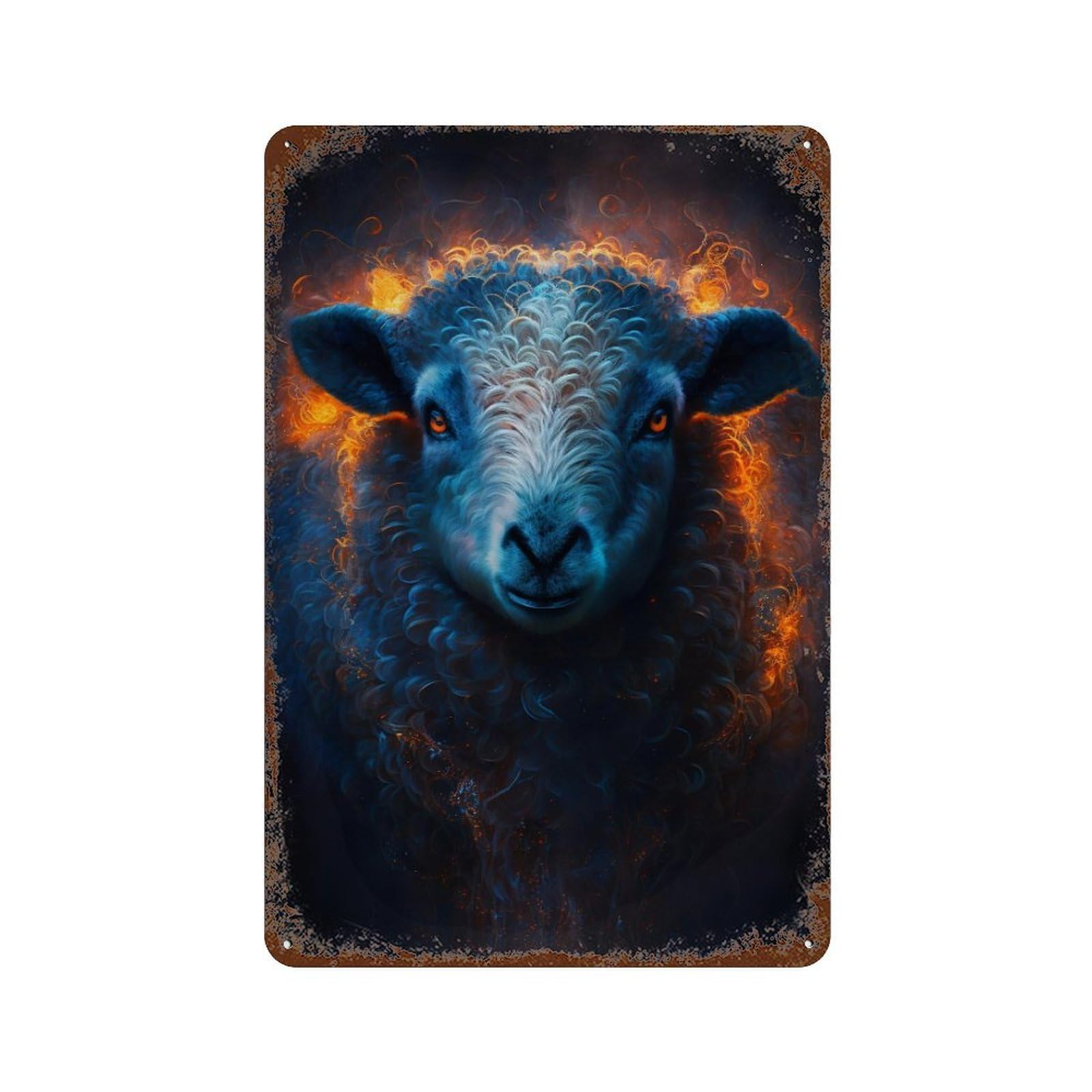 Flaming Sheep Art Print Decorative Tin Sign 11.8"x7.9", for Farmhouse, Kitchen And Entryway Decor, Vintage Wall Decor