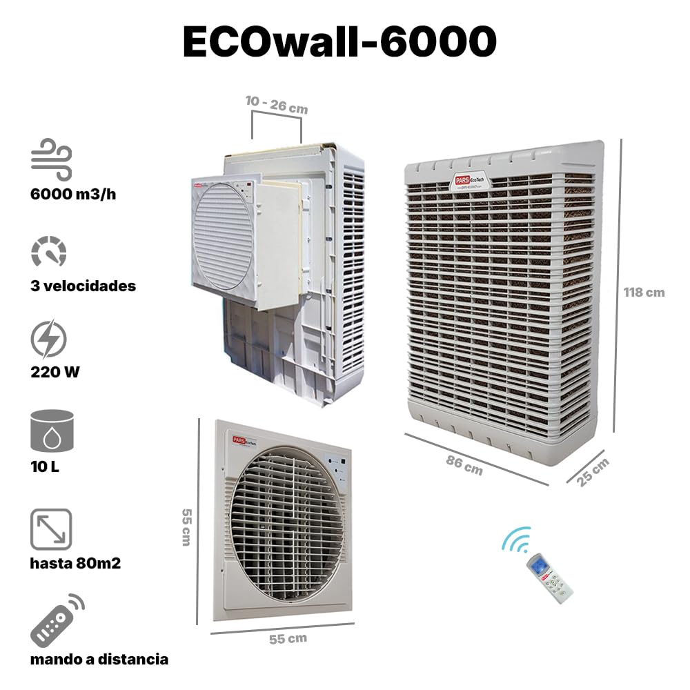 Climatizador evaporativo a pared PARS EcoTech ECOwall-6000 con caudal de 6.000m3/h REALES