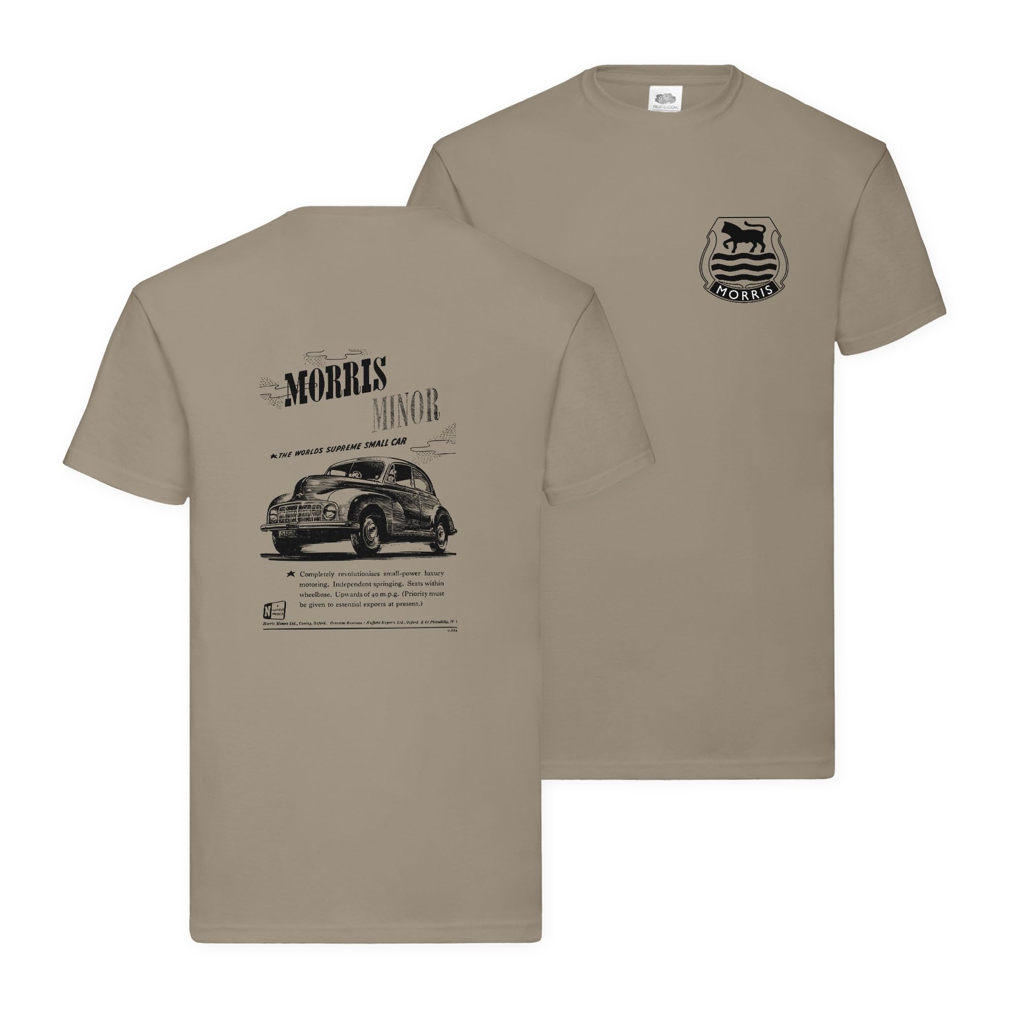 British Motor Heritage Men's Khaki Brown Morris Minor Vintage Advert T-Shirt British Sports Car Licenced Product (Uk, Alpha, L, Regular, Regular, )