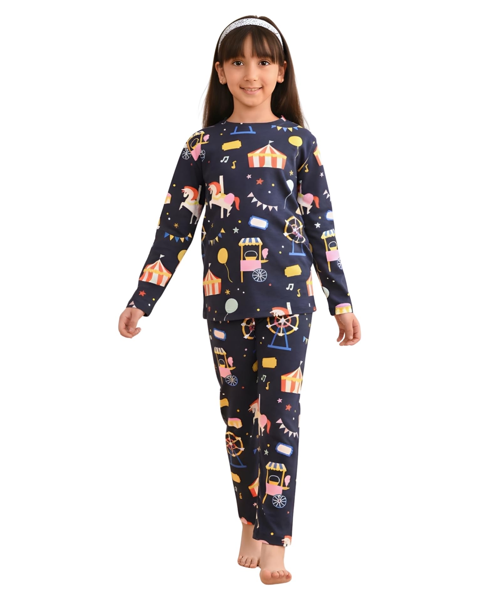 Pure Cotton Printed Pyjama Set for Girls | Sleepwear | Night Suit, Night Wear | Long Sleeves T-Shirt & Pyjama | Regular Wear | 0-14 Years