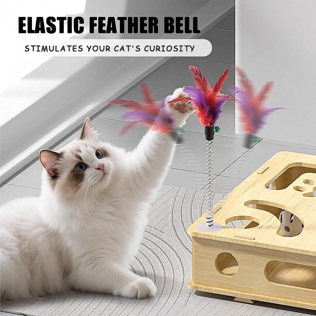 Caja de enriquecimiento de rompecabezas para rascar gatos, caja de lima de uñas de gato con tres bolas de campana y papel de lija en el interior, lima de uñas, alternativa libre de estrés a cortaúñas