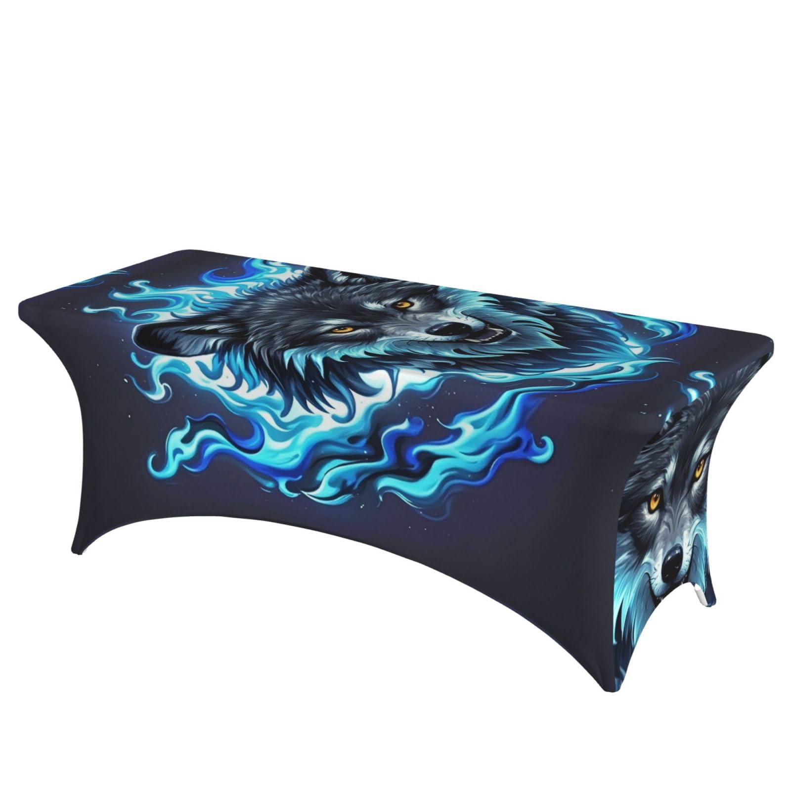 LMNGH Wolf Head in Blue Flames Decorative Tablecloth Protector for Wedding, Banquet & Parties6FT Spandex Rectangle Tablecloths, Stretch Washable Table Cloth Wrinkle Free Patio Table Cover