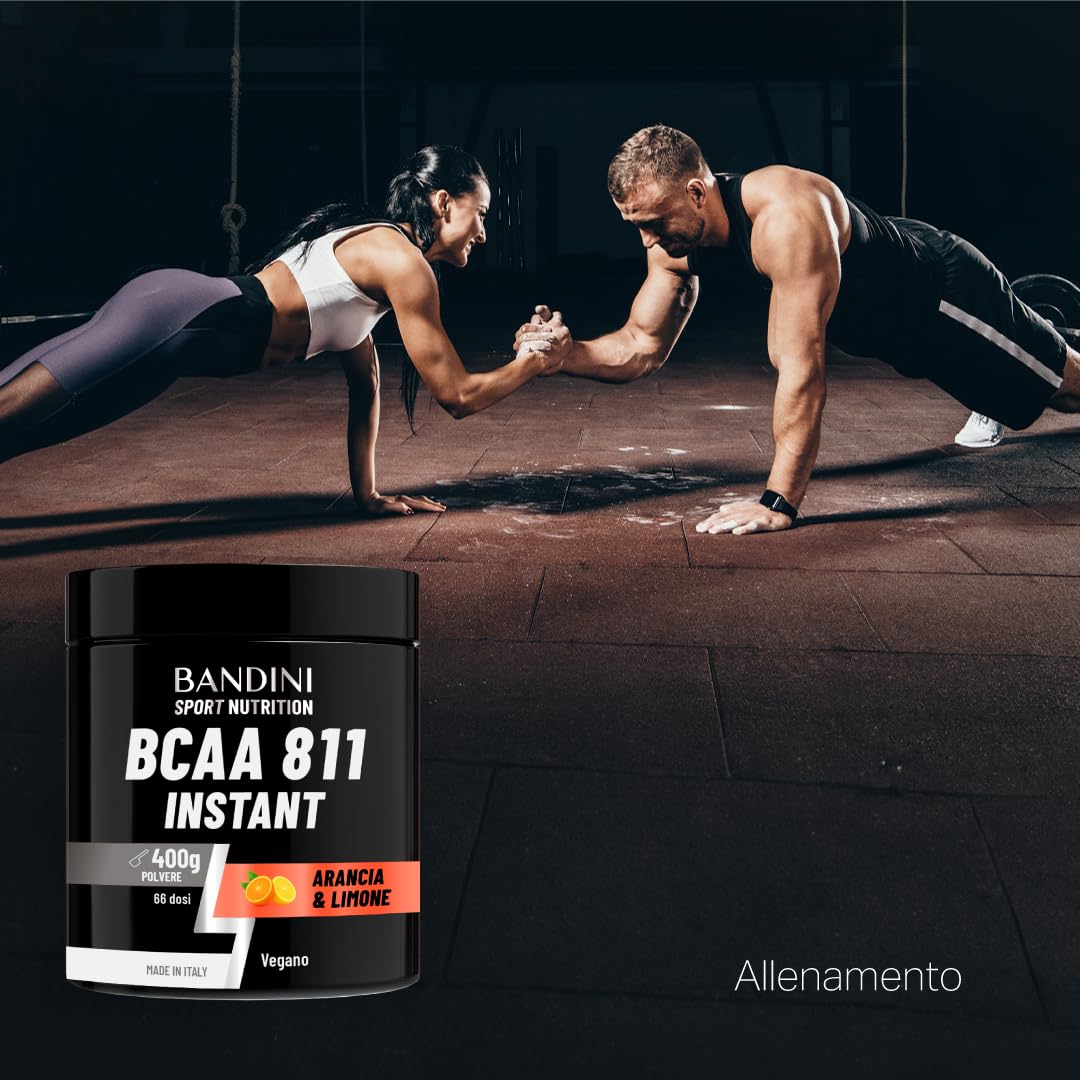 Bandini® BCAA POWDER 8 1 1 Integratore di Aminoacidi Ramificati in rapporto 8:1:1 da 400g - Polvere Aromatizzata al gusto di ARANCIA e LIMONE - Palestra, Sport, Pre Intra e Post Workout - 100% Vegan