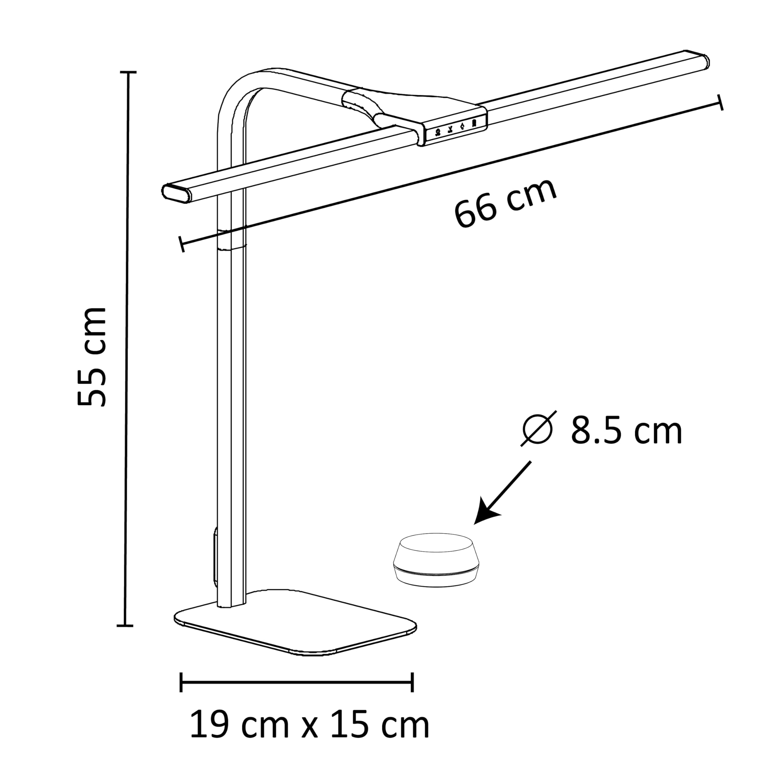 Unilux Strata base LED Schreibtisch-Leuchte dimbar, 66cm breit, Memory-Funktion für Lichtstärke und Farbtemperatur mit 4 TIMER-Funktionen, inkl. Fernbedienung, 2235 lm, schwarz