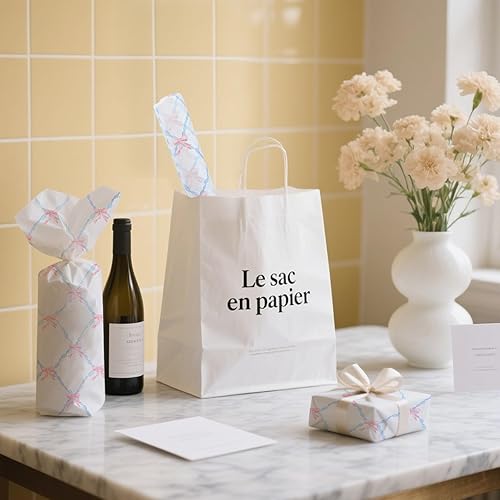 Miniatura 6 de 60 hojas de papel de seda para envolver regalos a granel, papel de seda estampado de líneas azules con lazo rosa para bolsas de regalo, papeles