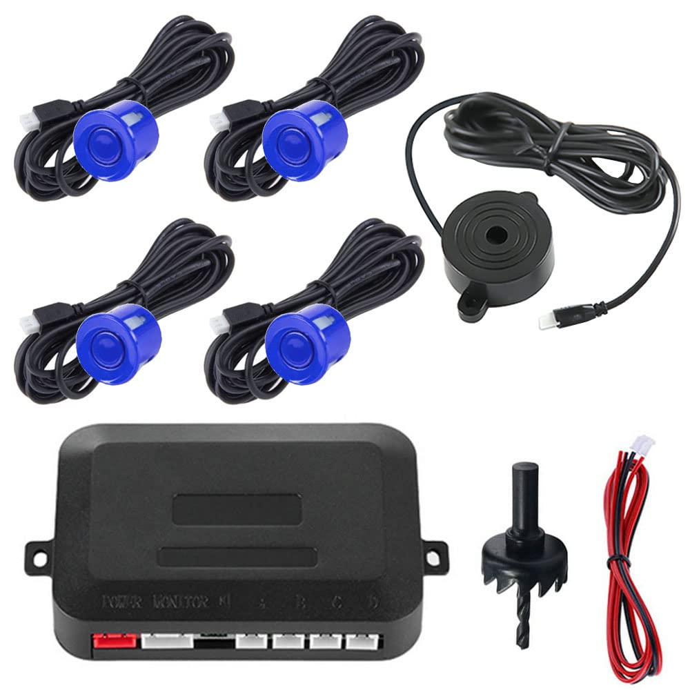 Capteur de Recul Voiture 4 Arrière Capteur Système de Radar de Stationnement Voiture Auto Parcage Système Radar Sonore Buzzer Alarme Distance Bleu