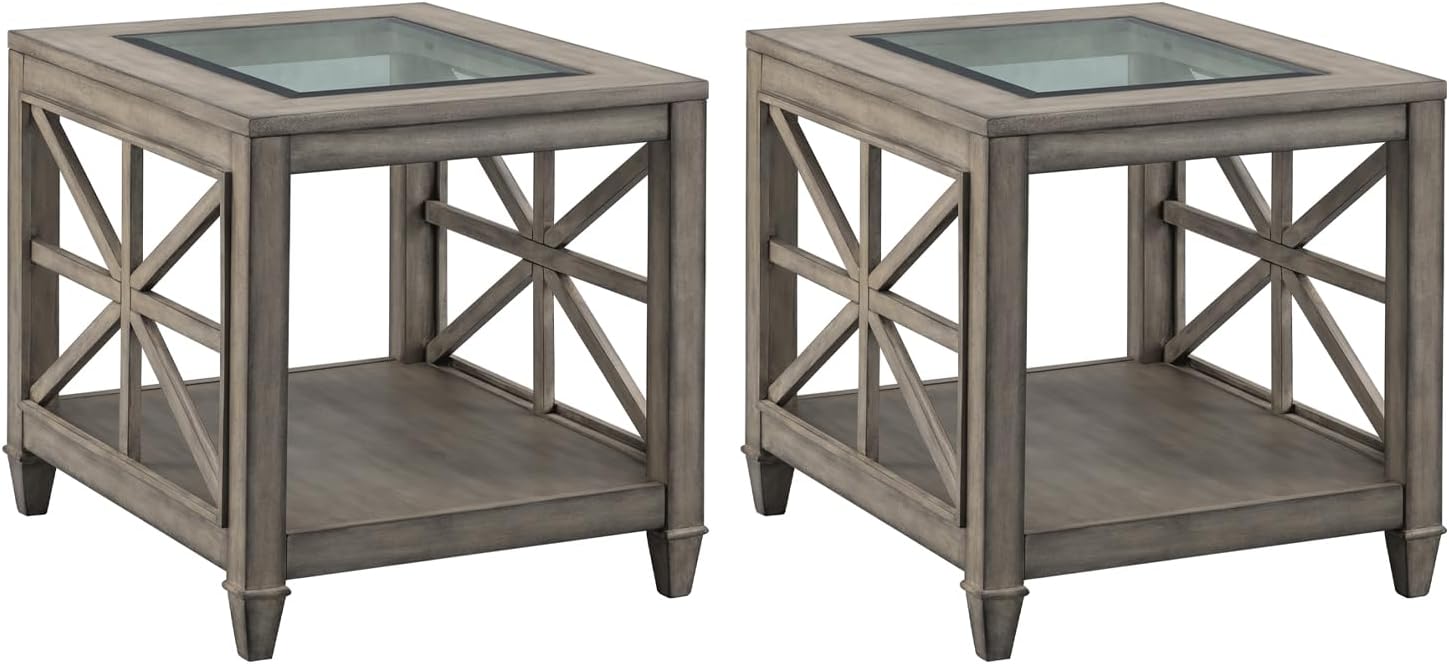 Solid Wood End Tables with Tempered Glass Top, 28" x 24" Large Farmhouse Side Table for Living Room, Bedroom & Office, Grey Wash