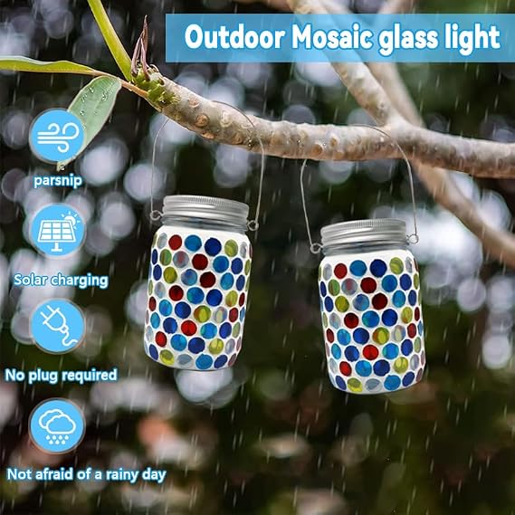 Solar Mason Jar Light, Mosaic Glass Design, 12-Hour Working Time, Automatic Operation, Garden Hanging Lantern