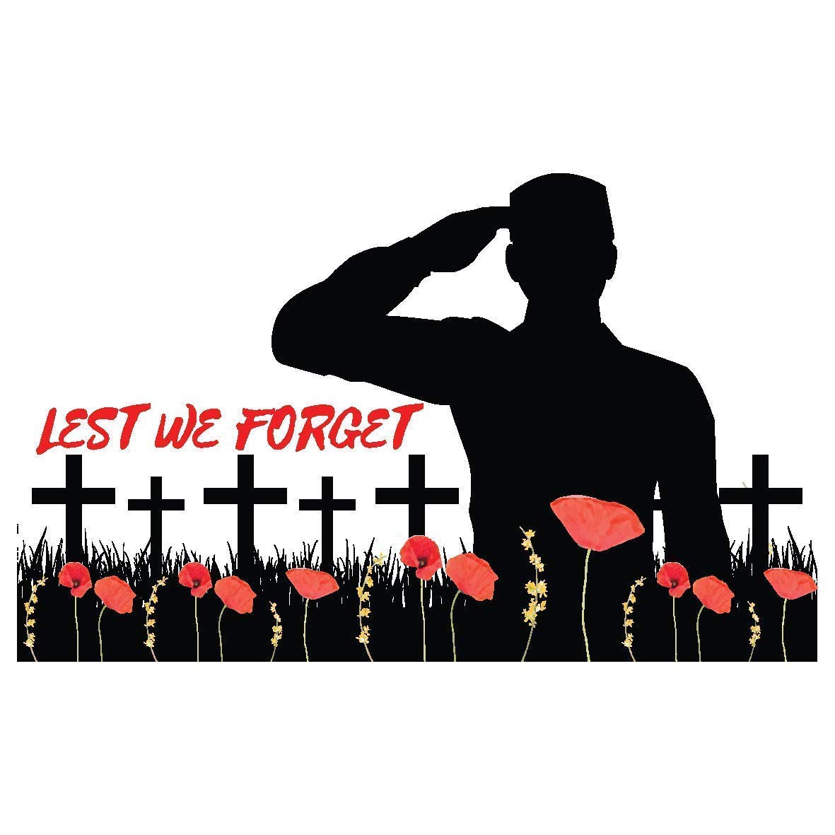 Soldier and Crosses Lest We Forget Remembrance Day Sticker, Mug, Poppy Flower Decal, Car, Window, Fridge, Laptop Sticker (Medium)