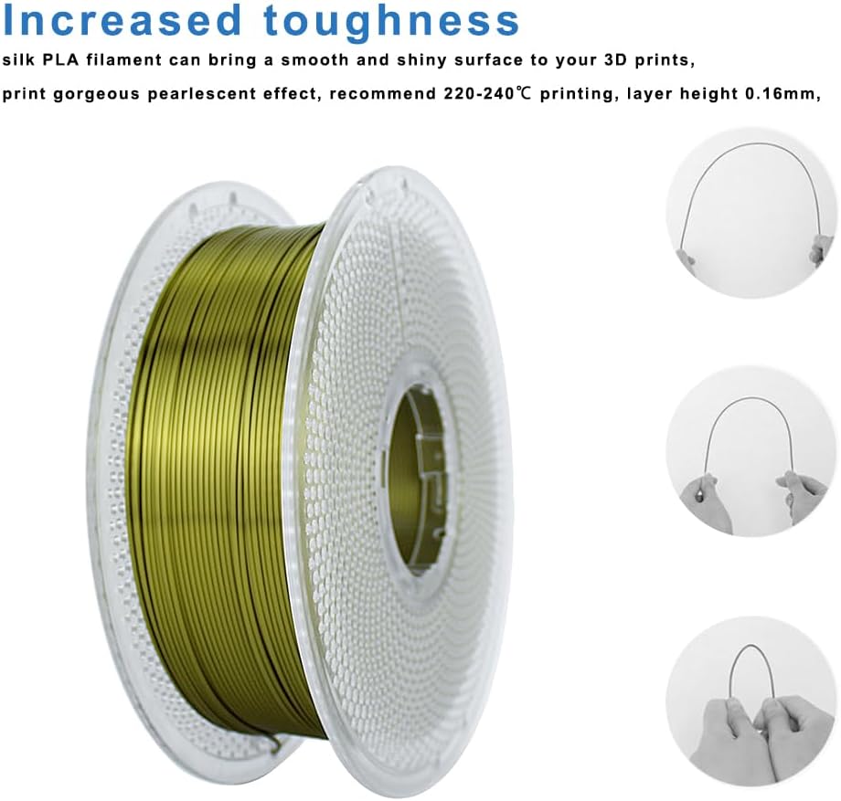 PLA Silk Filament 1.75mm Clog-Free Shiny 3D Printer Filament, 1KG Spool (2.2lbs), Dimensional Accuracy +/- 0.02mm (Silk Greenish Gold-1KG) - Image 3