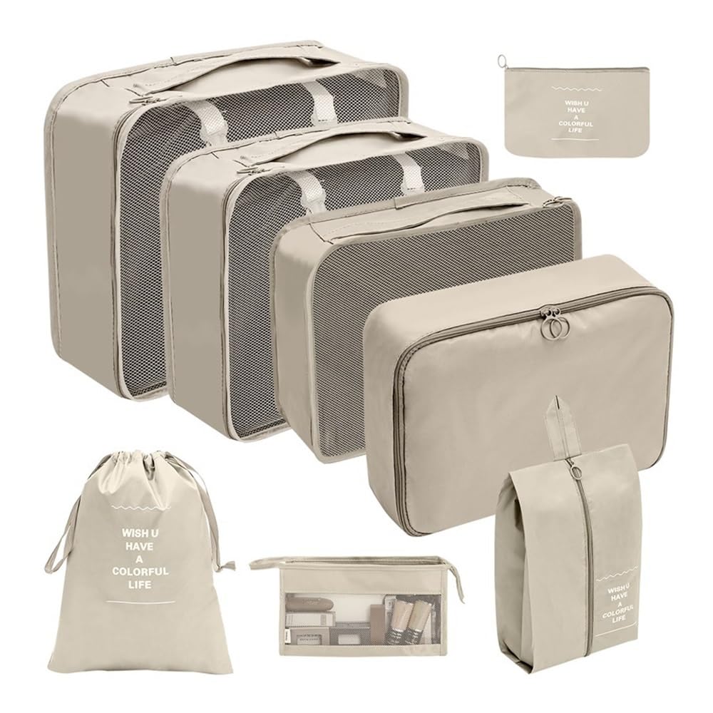 Set da 7/8/9/10 pezzi di organizer da viaggio, valigie, cubi, set di valigie, portatili, vestiti, scarpe, sacchetti pieghevoli (8 pezzi beige)