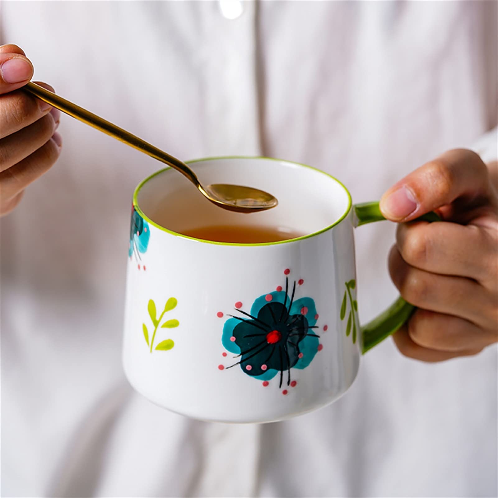 Tazas Linda taza de desayuno de cerámica pintada a mano 320ml Flores de dibujos animados Modelo Mildeo Avena Taza de café Copos de cerámica for el regalo de la casa Taza de cerámica ( Size : 10oz , Co