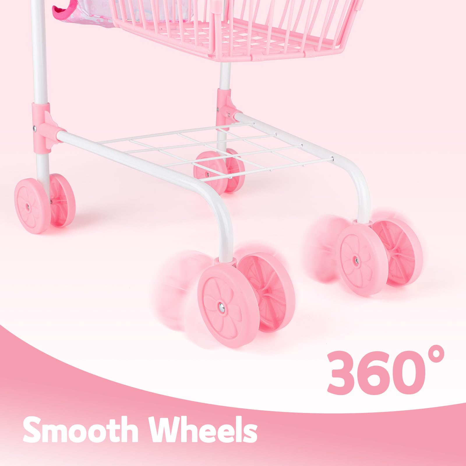 deAO Chariot de Courses pour Enfants 3 Ans+, Caddie Jouet avec Siège pour Poupée, 31 Aliments Jouets Billets Argent, Sac à Provisions, Jeu de Rôle Magasin, Cadeau Enfant Rose