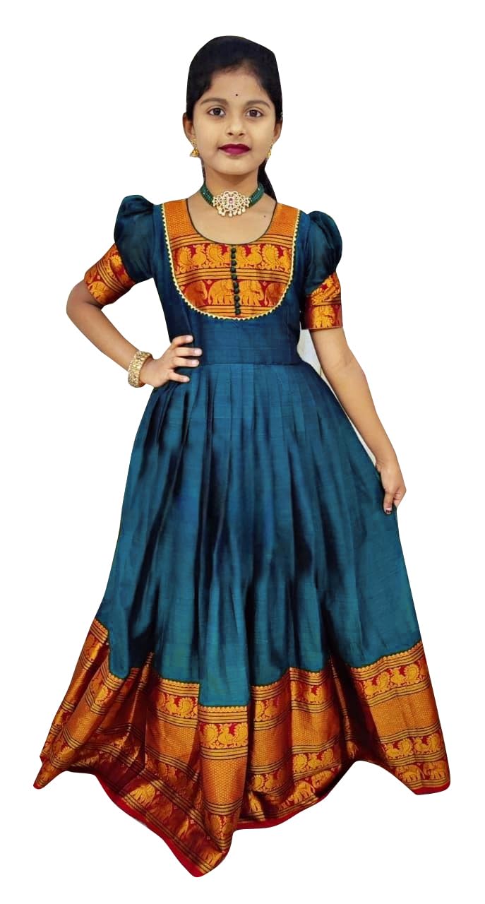 Girls Silk Pattu Maxi Gown with Puff Sleeves | Traditional Ethnic Dress for Weddings, Festivals, Cultural Functions, Navratri & Special Occasions-image-41