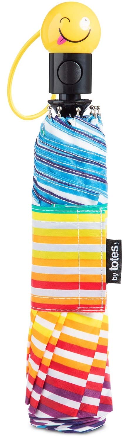 Totes Auto-Open Umbrella with Emoji Face Handle, NeverWet Invisible Coating, 42-inch canopy