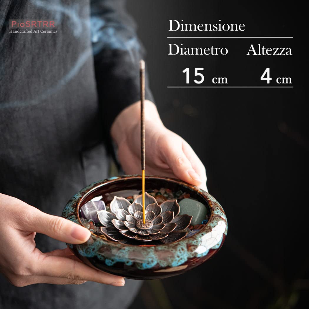 Porta Incenso per Bastoncini,Bruciatore Incenso in Ceramica con Pietra di Cristallo Lotus