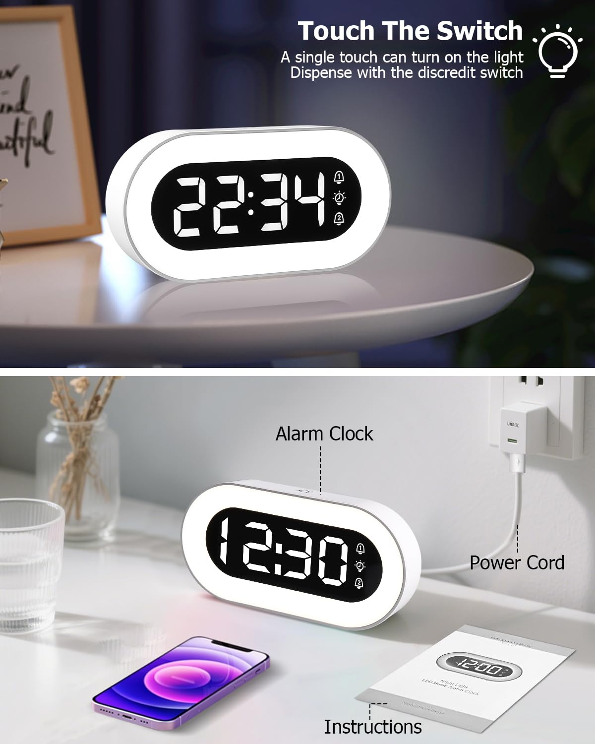Elektroniczny budzik, stolik nocny biały
