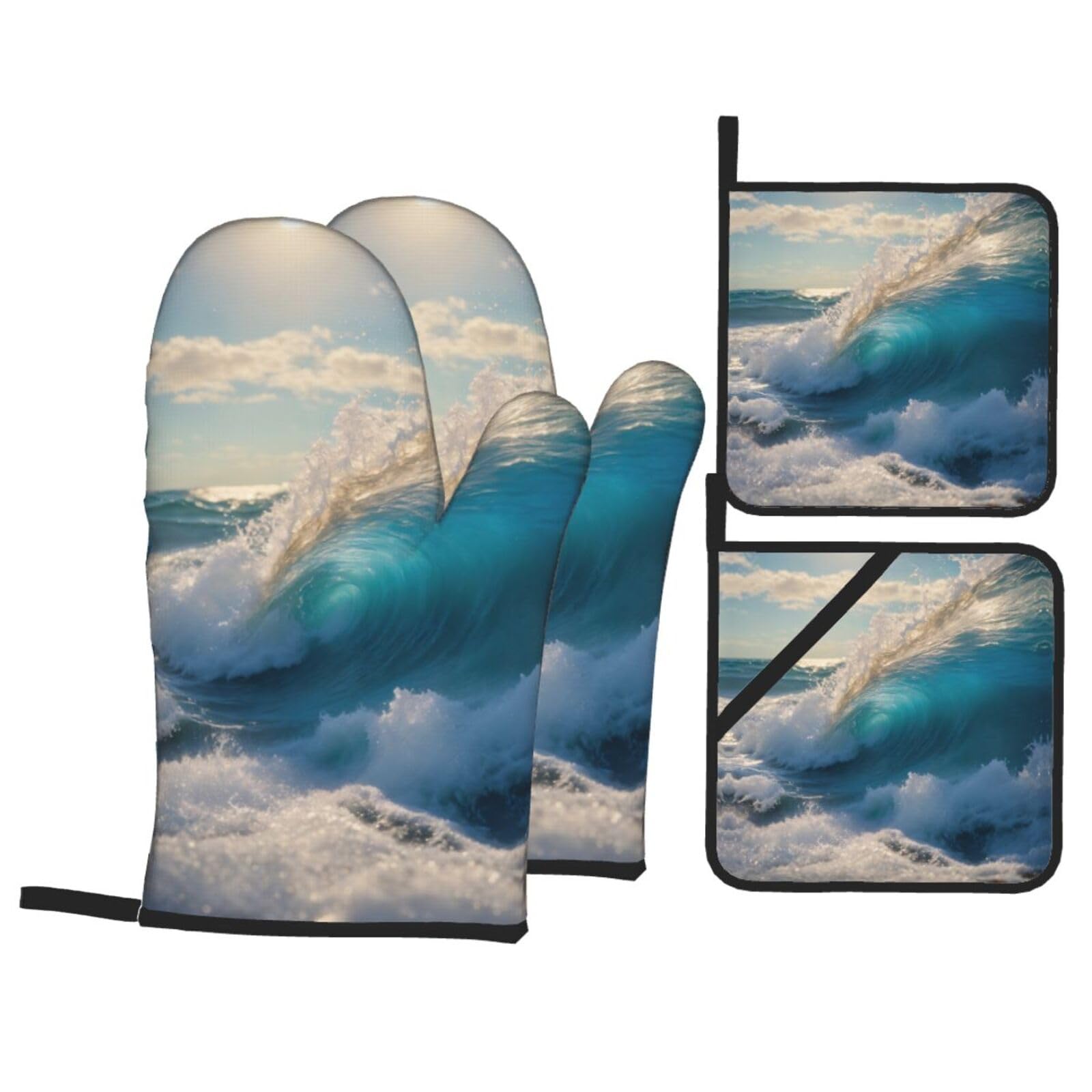 Ocean Sea Wave Print Oven Microwaving Waterproof Kitchen Gloves for Baking Grilling Holiday Cooking